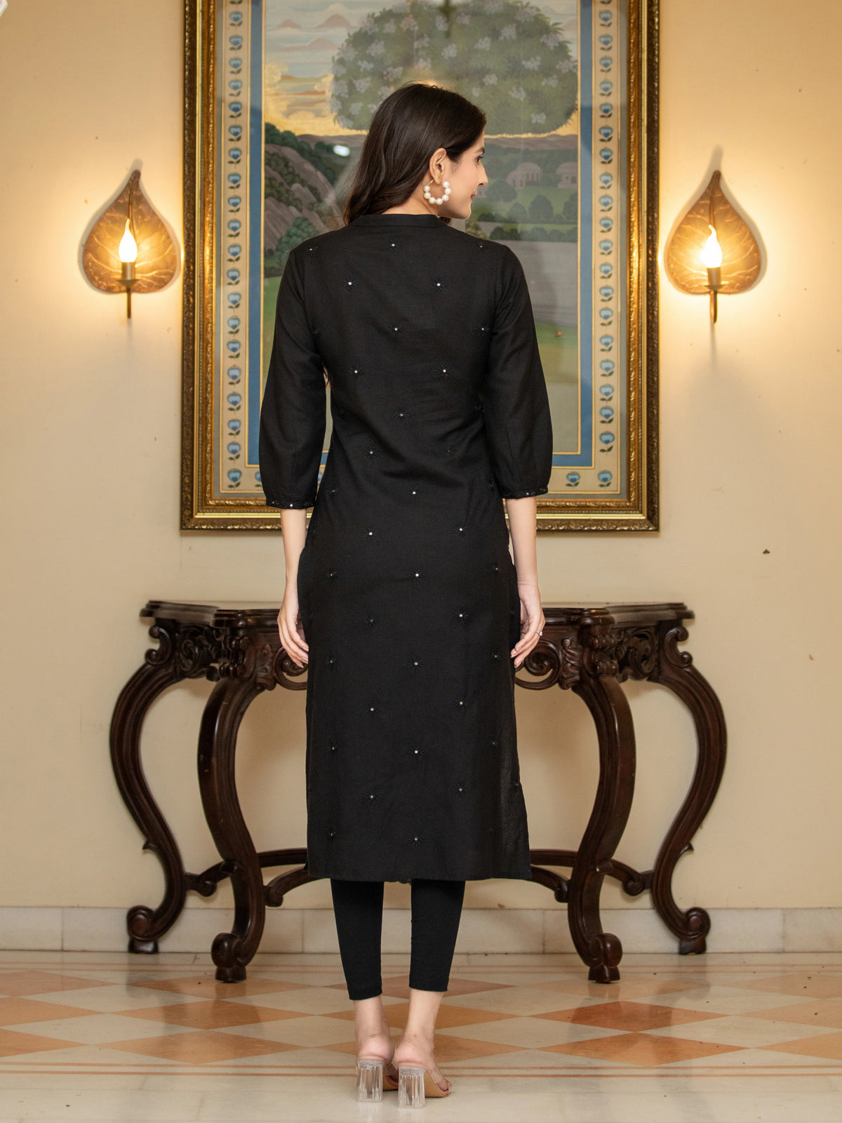 Lace & Mirror Embroidered Straight Kurti