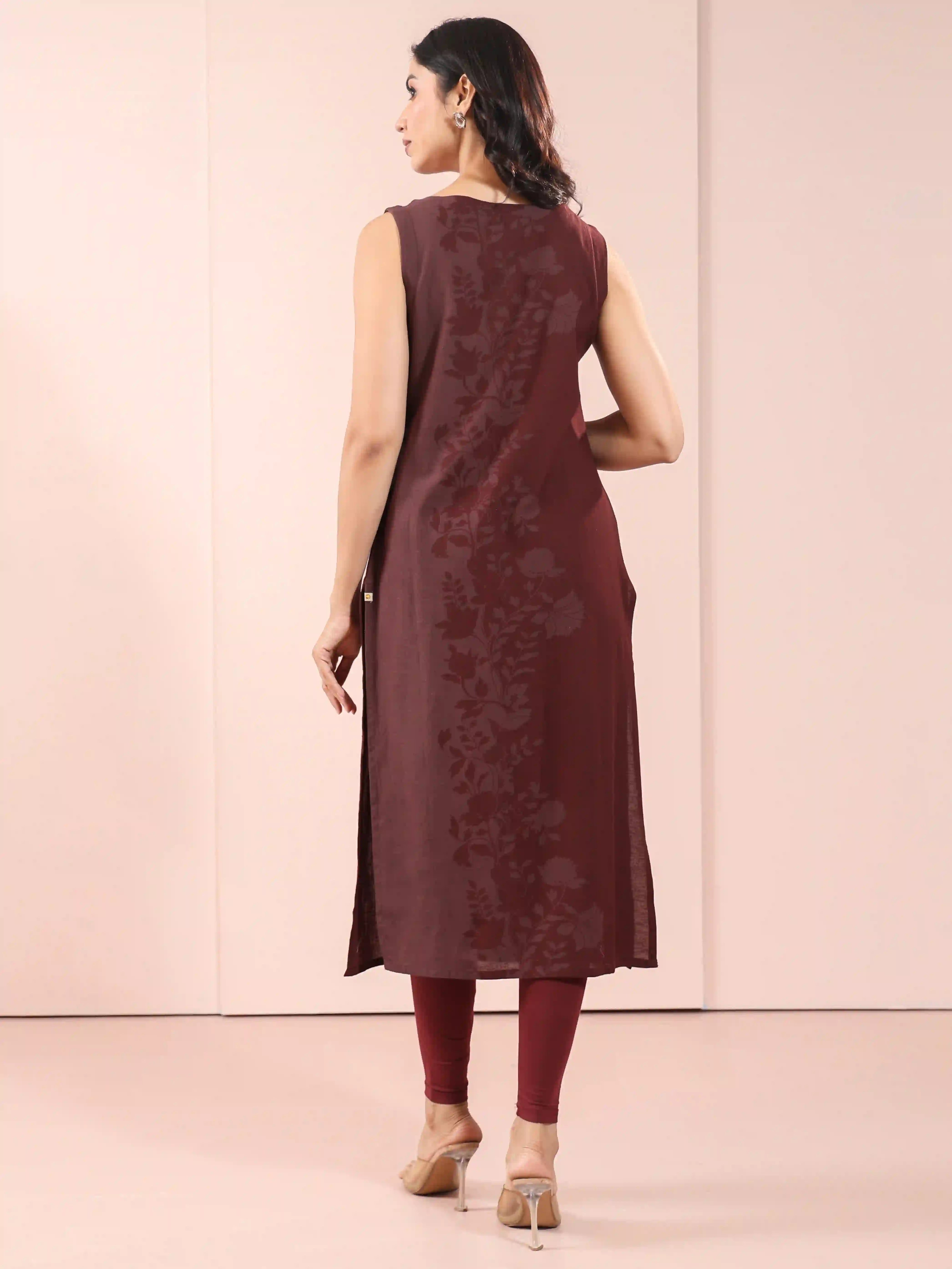 Women's Rust Brown Linen Blend Placement Print Sleeveless Straight Kurta