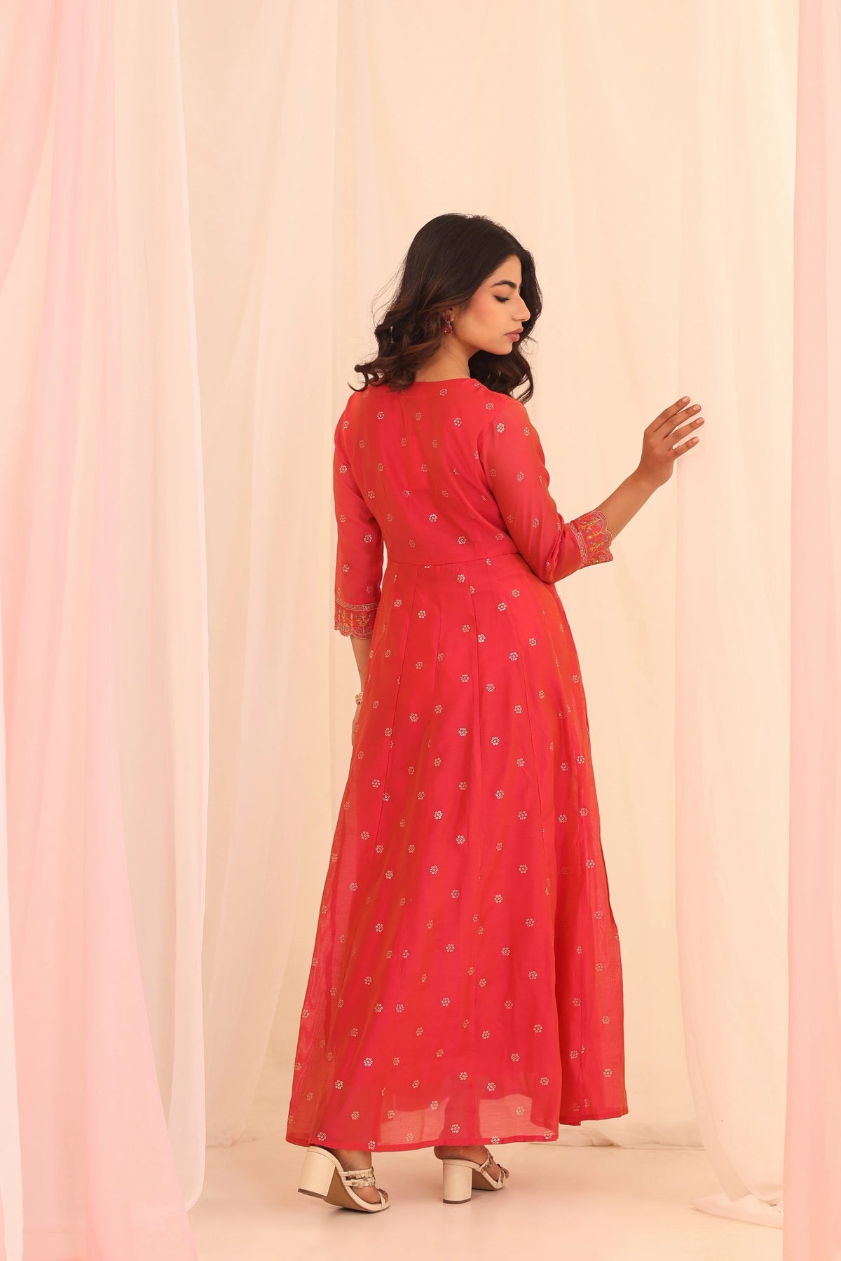 CHANDERI SILK EMBOSSED PRINTED KALIDAR DRESS WITH EMBROIDERY DETAIL