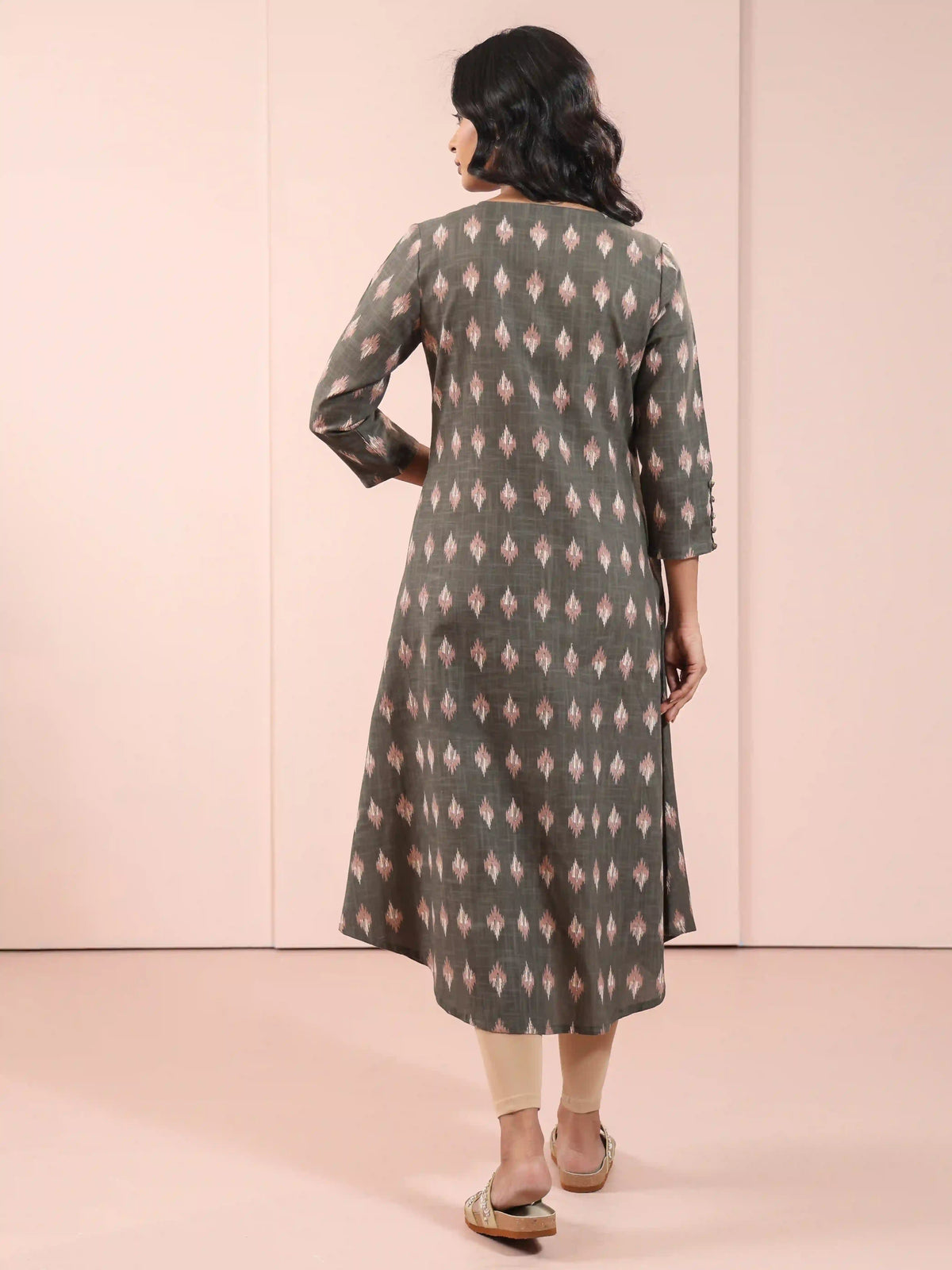 IKKAT PRINTED ALINE KURTI EMBELLISHED WITH BUTTON DETAILS