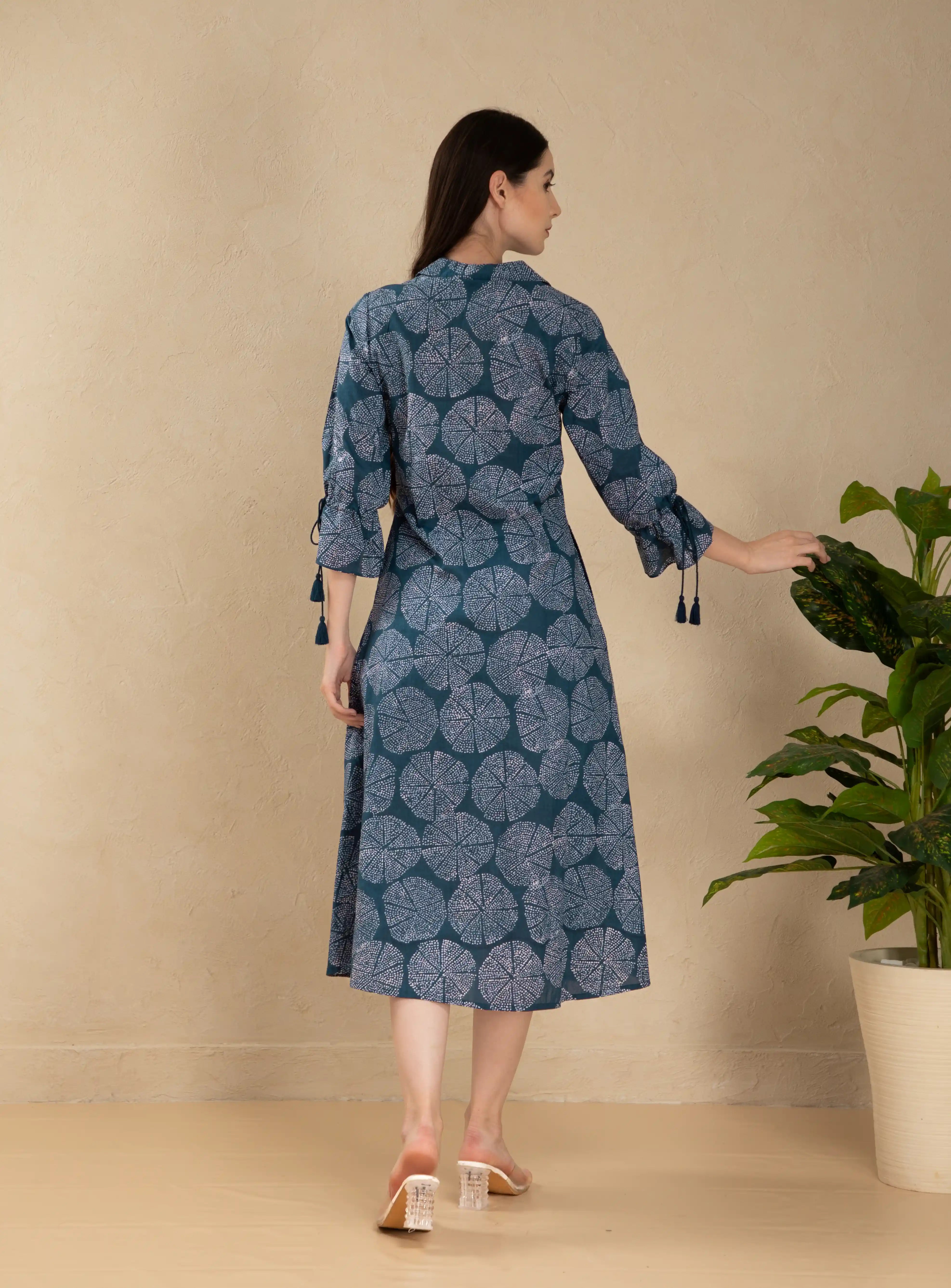 Women Blue mul-cotton-indigo-printed-flaired-dress-embellished-with-dori-latkan