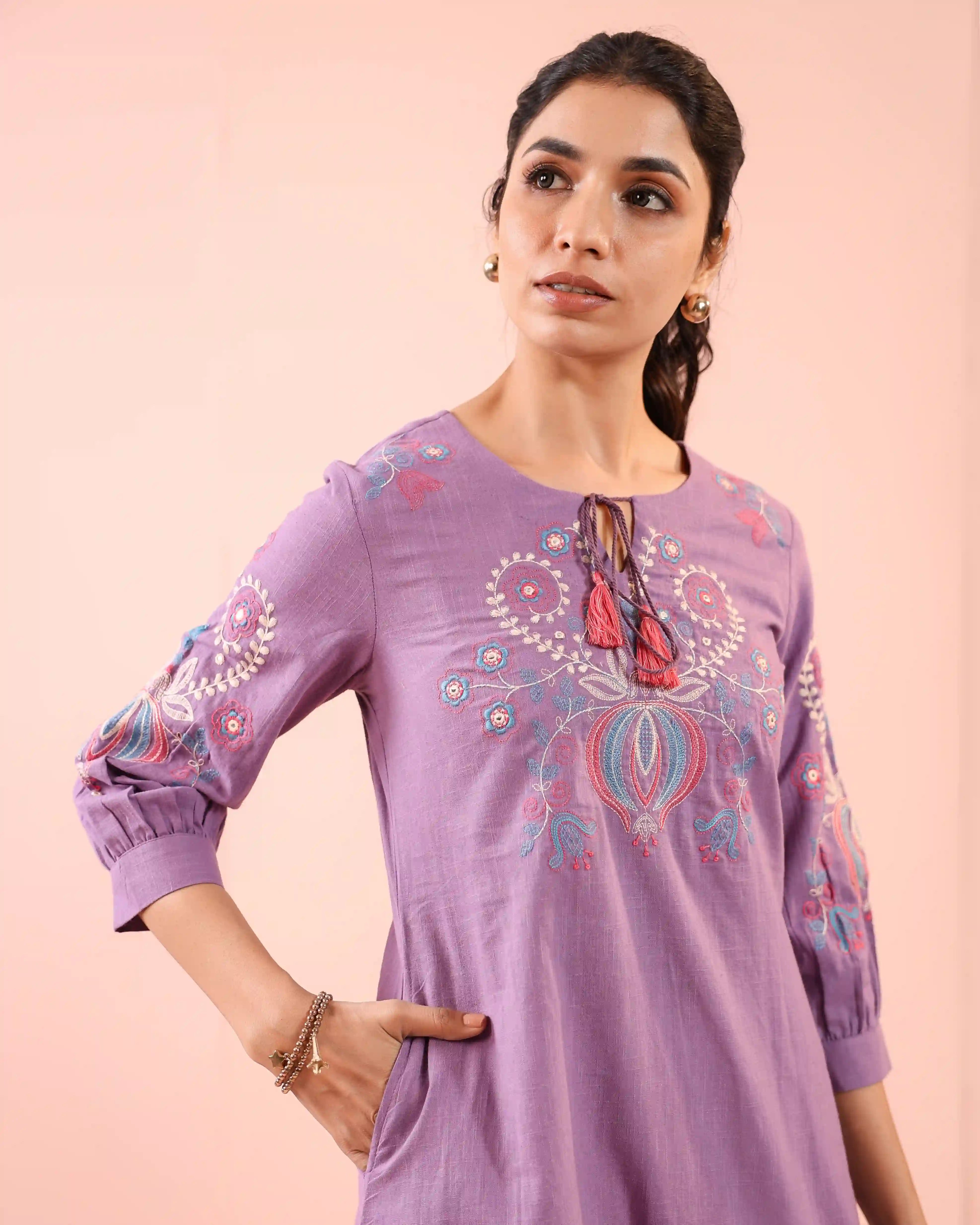 Women Lavender a-line-2pc-kurta-set-detailed-with-craft-embroidered-dori-latkan