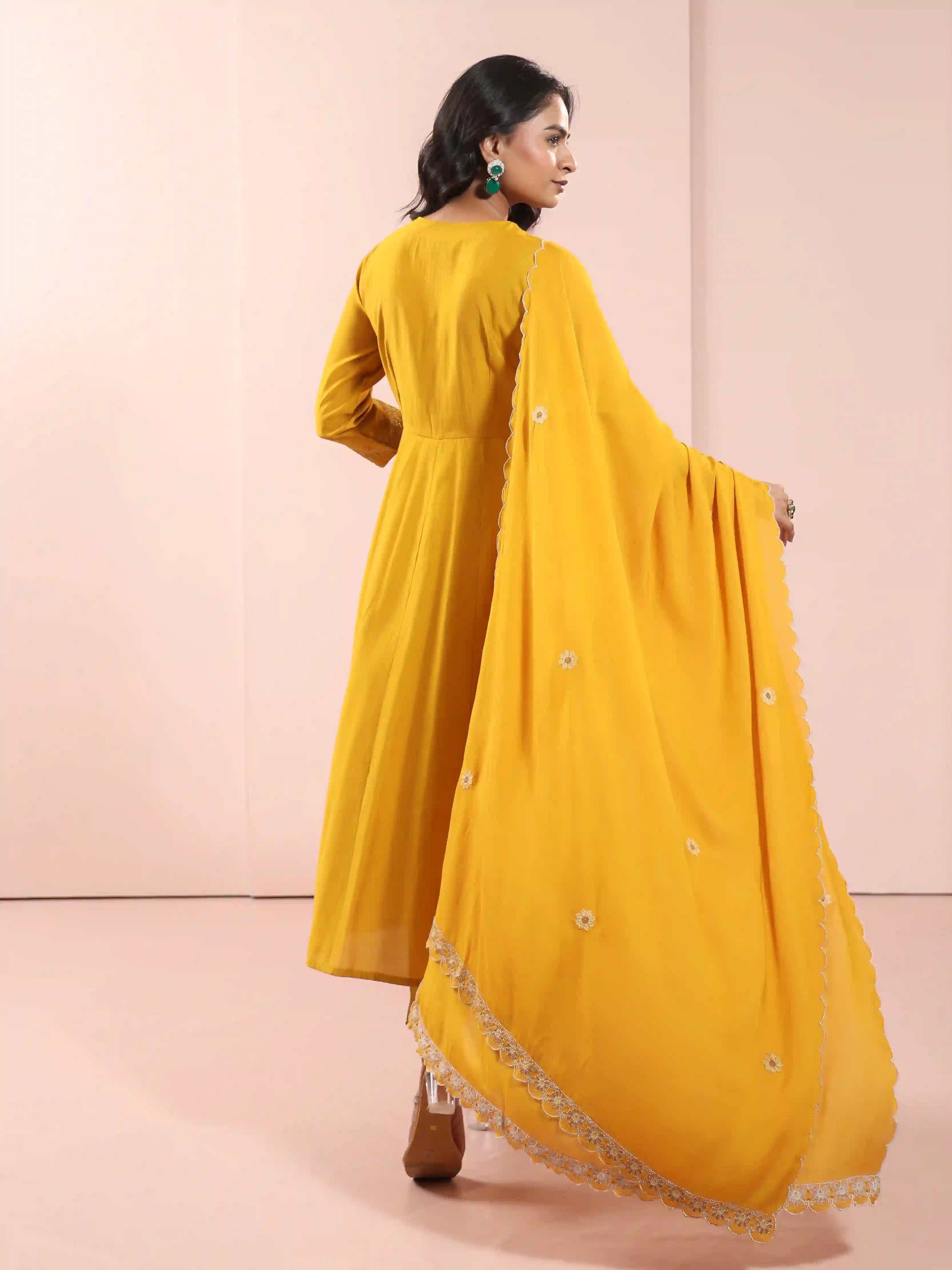 Women Bright Mustard chikankari-embroidered-3pc-alia-cut-kalidar-kurta-set