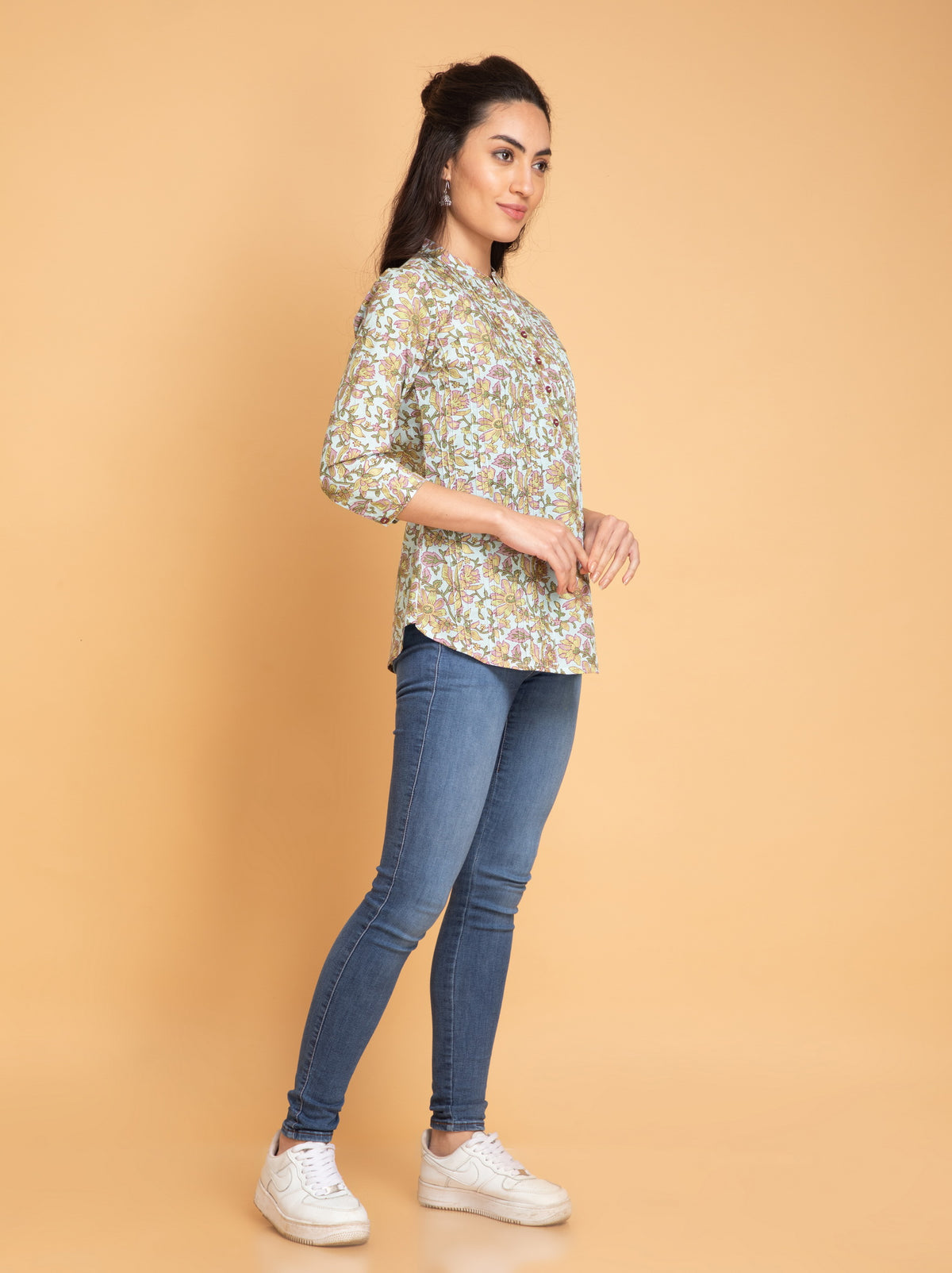 Mul Cotton Floral Printed Short Top with Pintuck Details