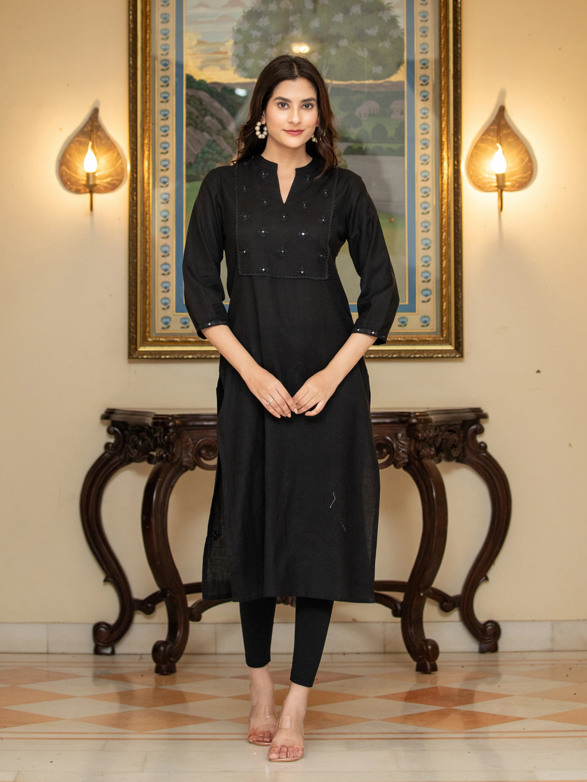 Lace & Mirror Embroidered Straight Kurti