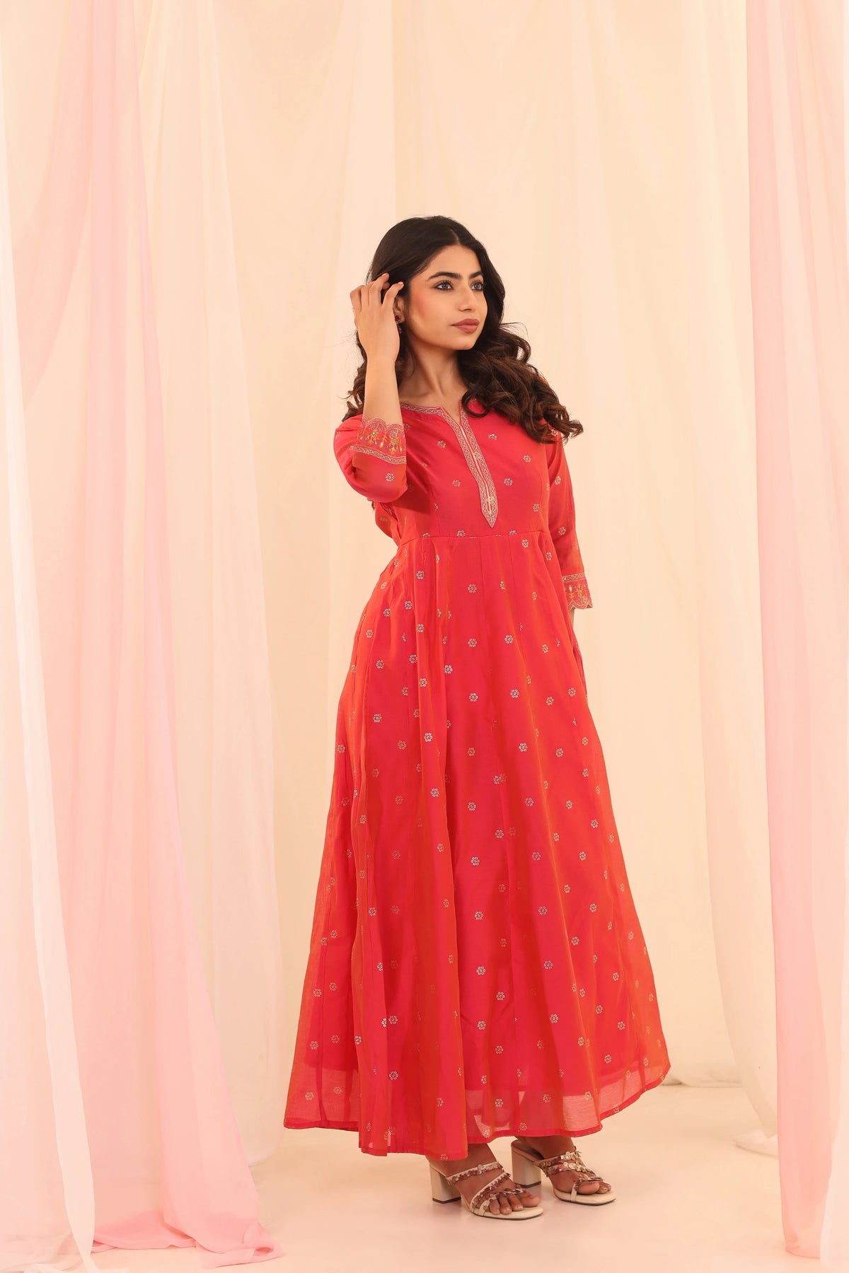 CHANDERI SILK EMBOSSED PRINTED KALIDAR DRESS WITH EMBROIDERY DETAIL