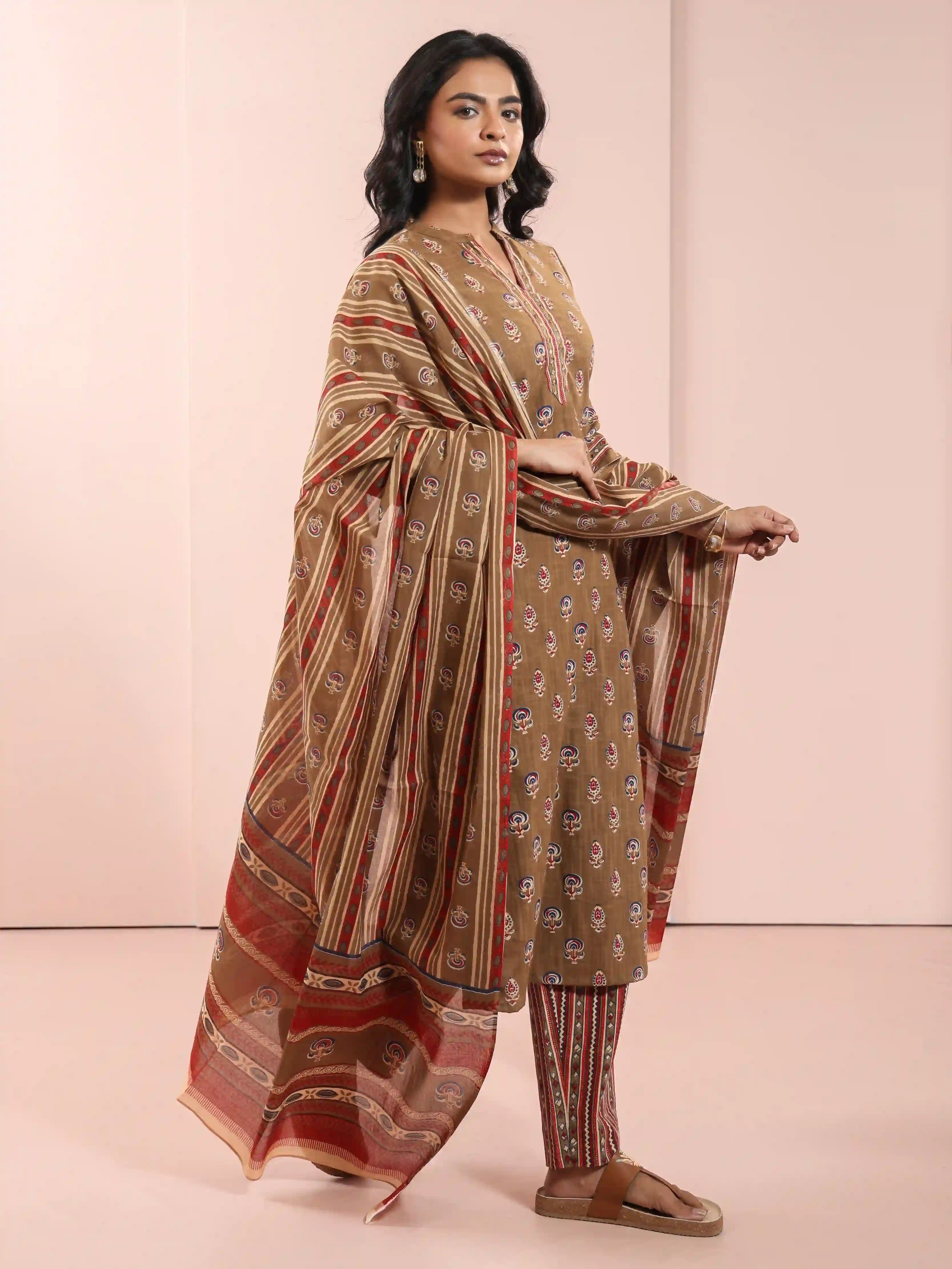 Women Khakhi Green Color 3pc-kurta-set-embellished-with-hand-craft-details
