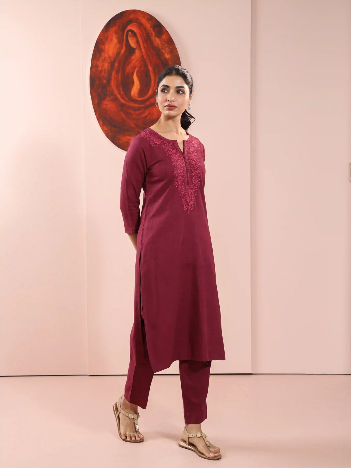 LINEN BLEND CHIKANKARI EMBROIDERY 2PC KURTA SET