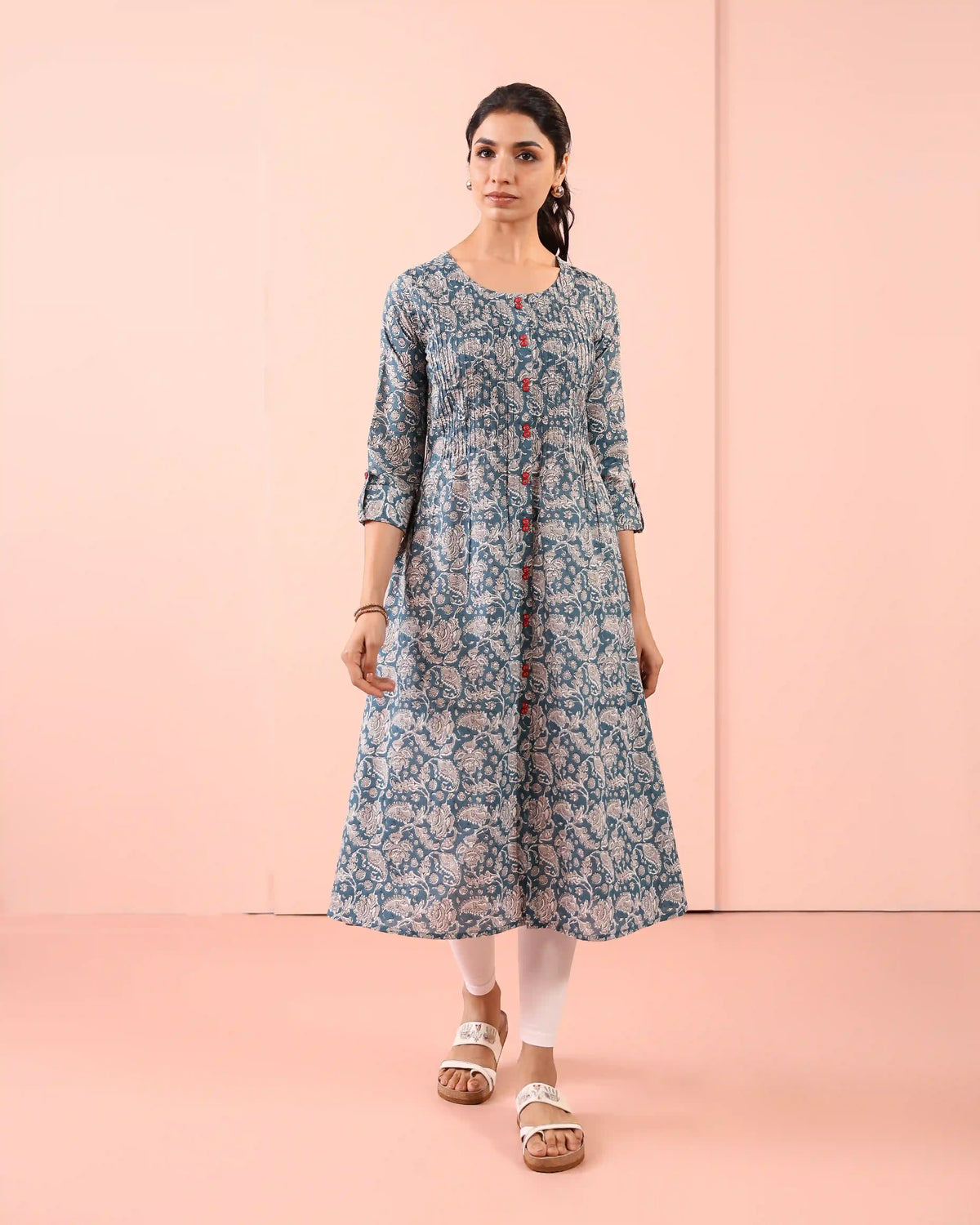 MUL COTTON PINTUCK DETAILED LONG ALINE KURTI