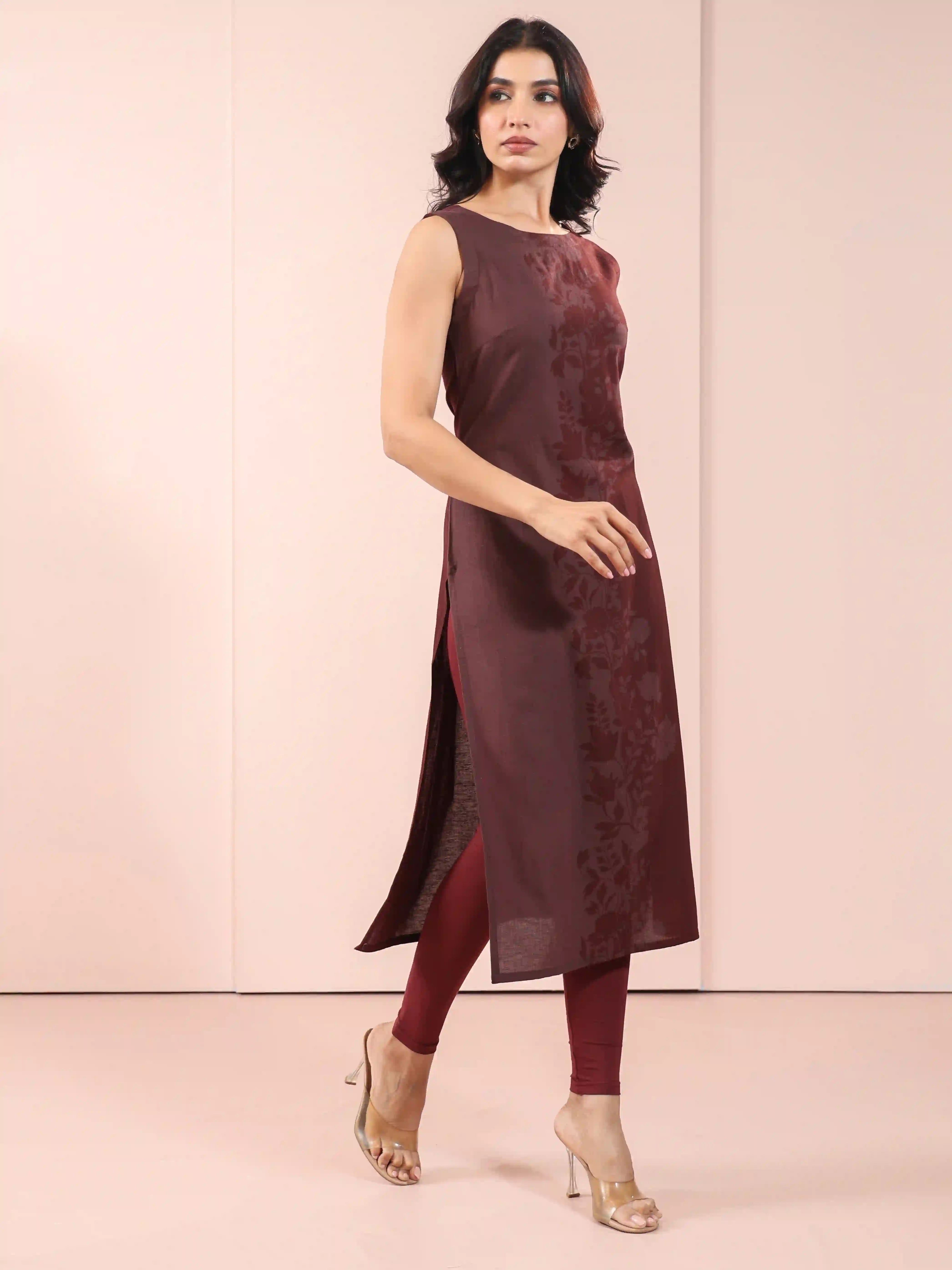 Women's Rust Brown Linen Blend Placement Print Sleeveless Straight Kurta