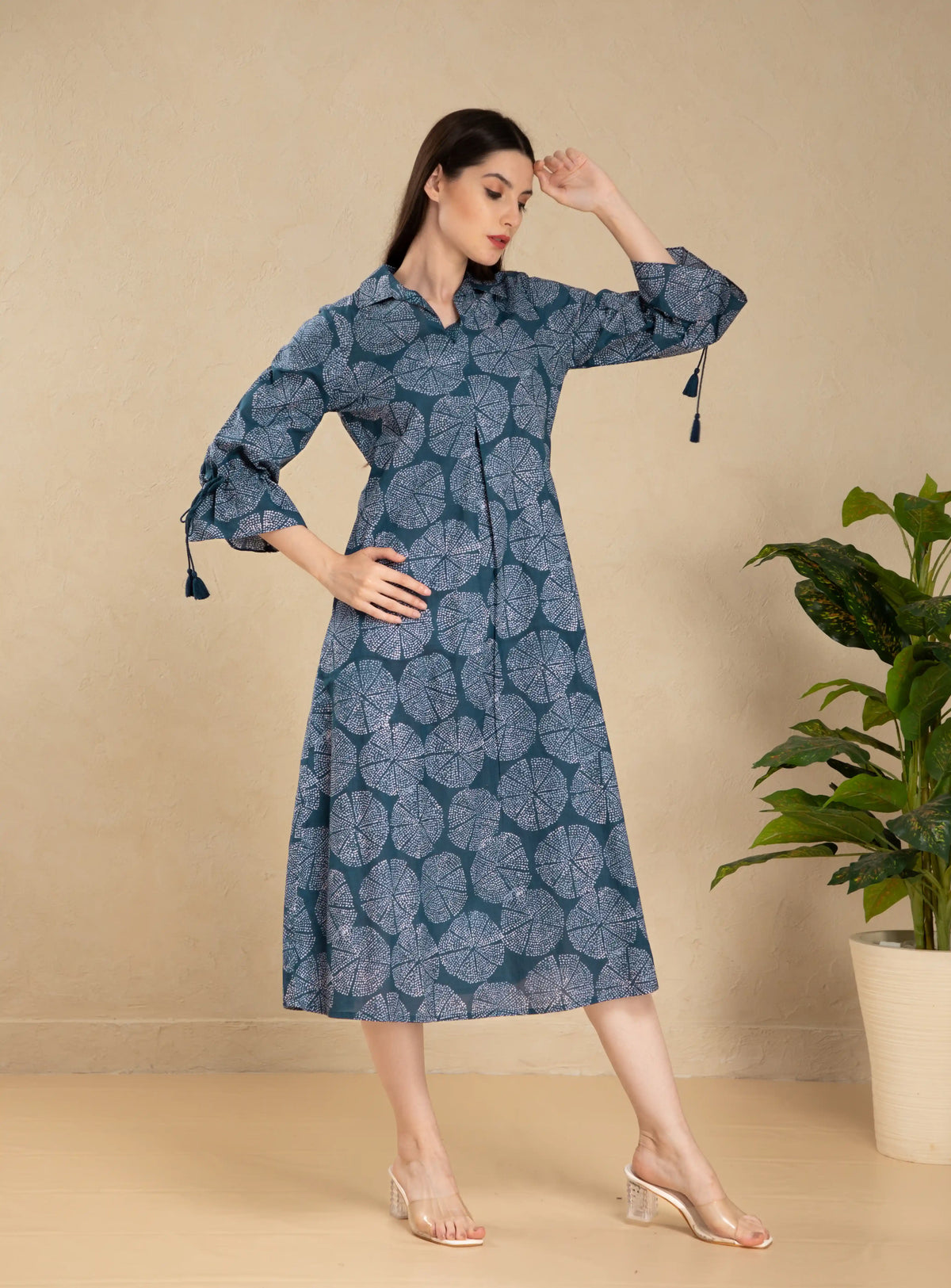 MUL COTTON INDIGO PRINTED FLAIRED DRESS EMBELLISHED WITH DORI LATKAN