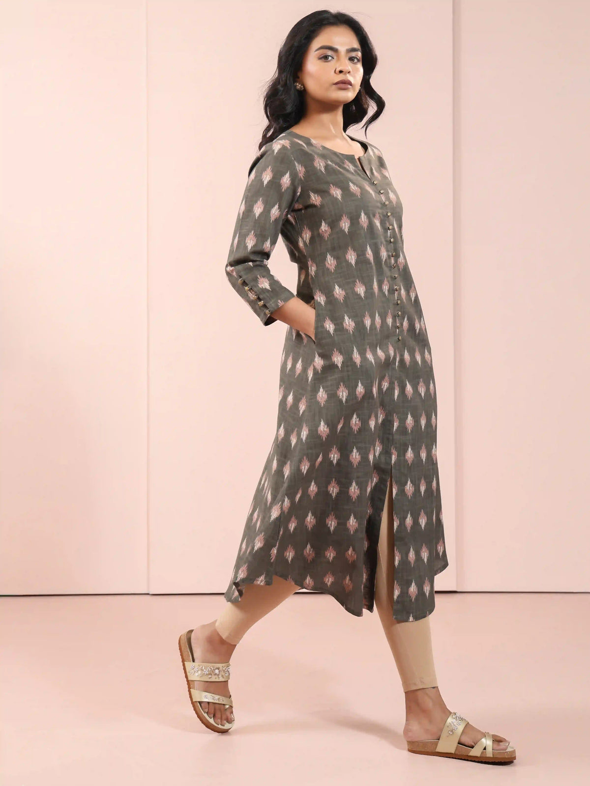 IKKAT PRINTED ALINE KURTI EMBELLISHED WITH BUTTON DETAILS