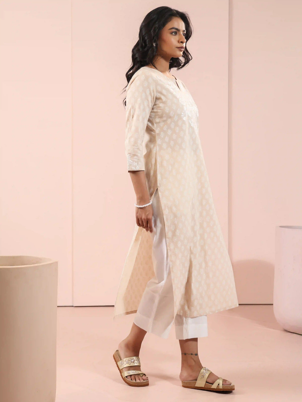 MUL COTTON KHADI PRINTED CHIKANKARI EMBROIDERY KURTI