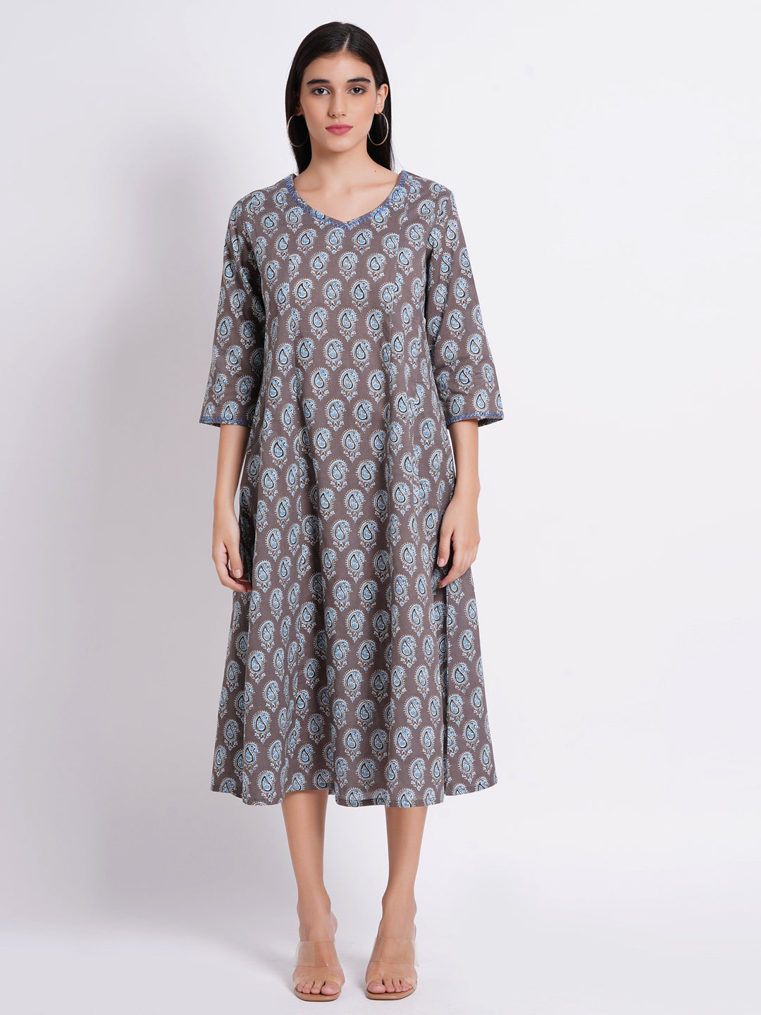 Printed Flared Long Kurti with Handcrafted Embellishments