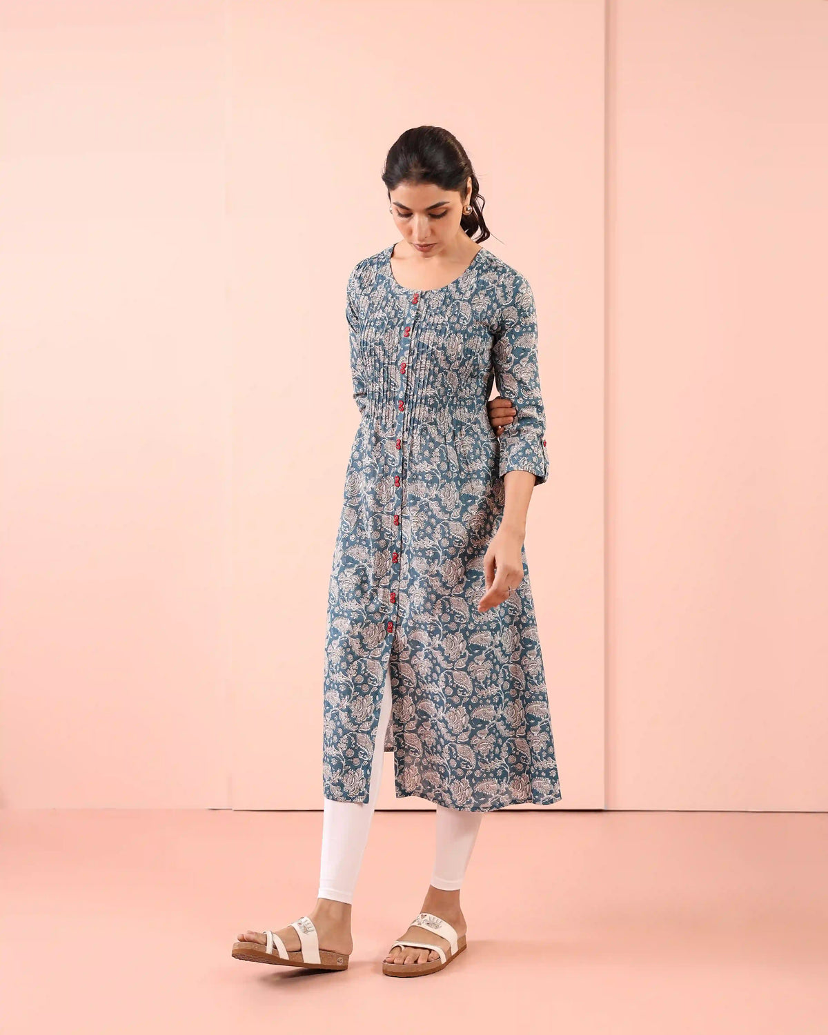 MUL COTTON PINTUCK DETAILED LONG ALINE KURTI