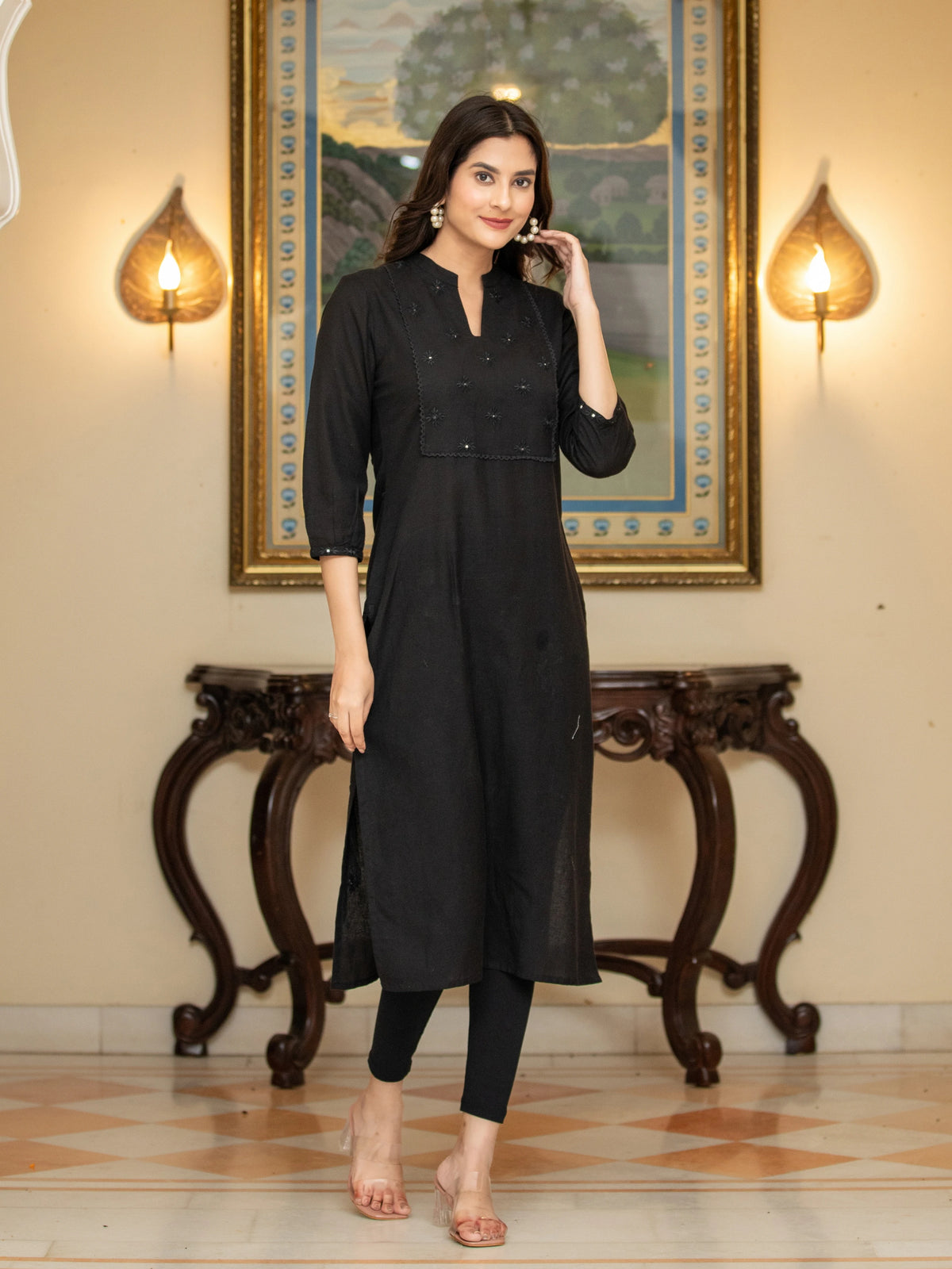 Lace & Mirror Embroidered Straight Kurti