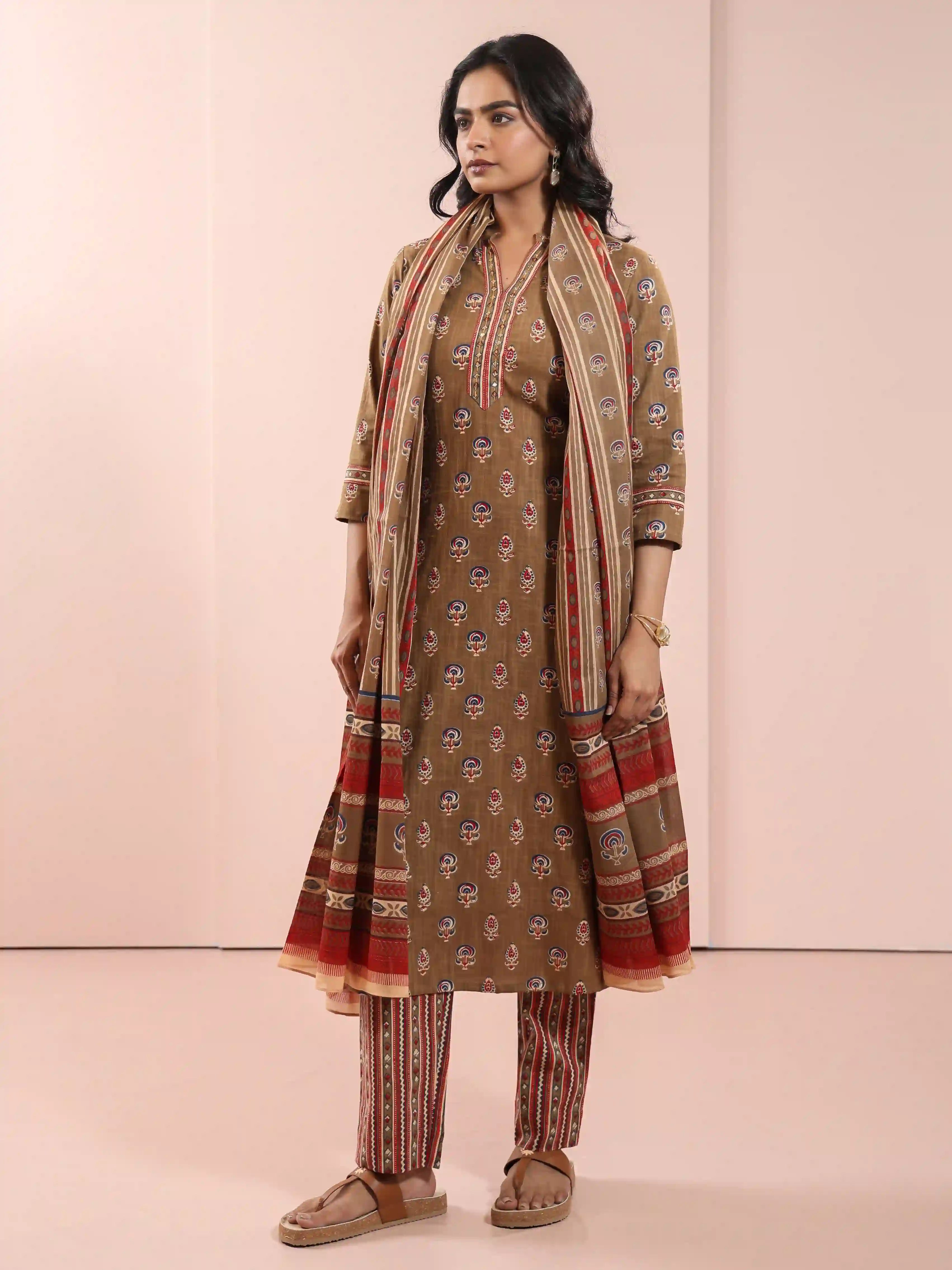 Women Khakhi Green Color 3pc-kurta-set-embellished-with-hand-craft-details