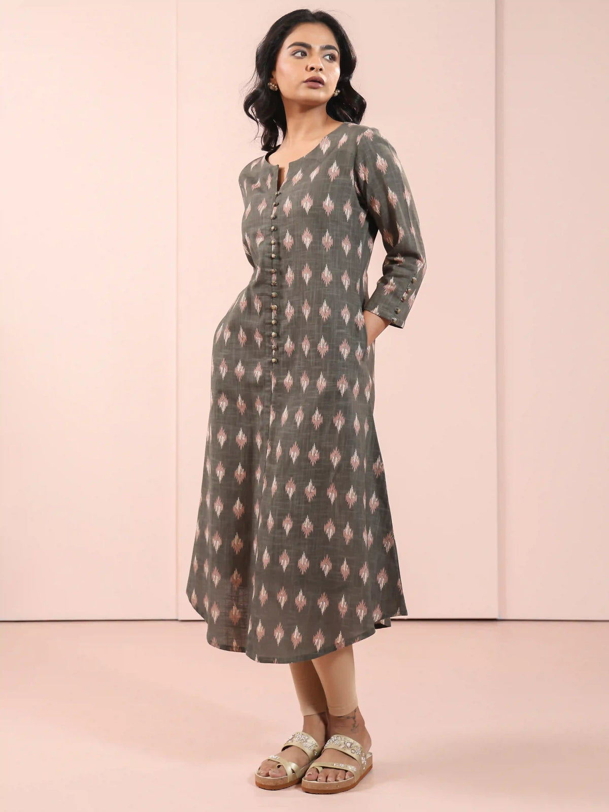 IKKAT PRINTED ALINE KURTI EMBELLISHED WITH BUTTON DETAILS