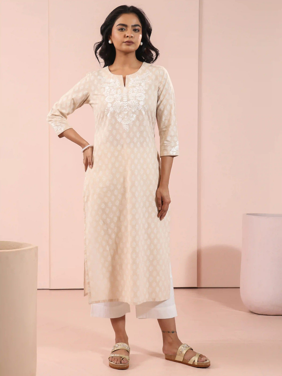 MUL COTTON KHADI PRINTED CHIKANKARI EMBROIDERY KURTI
