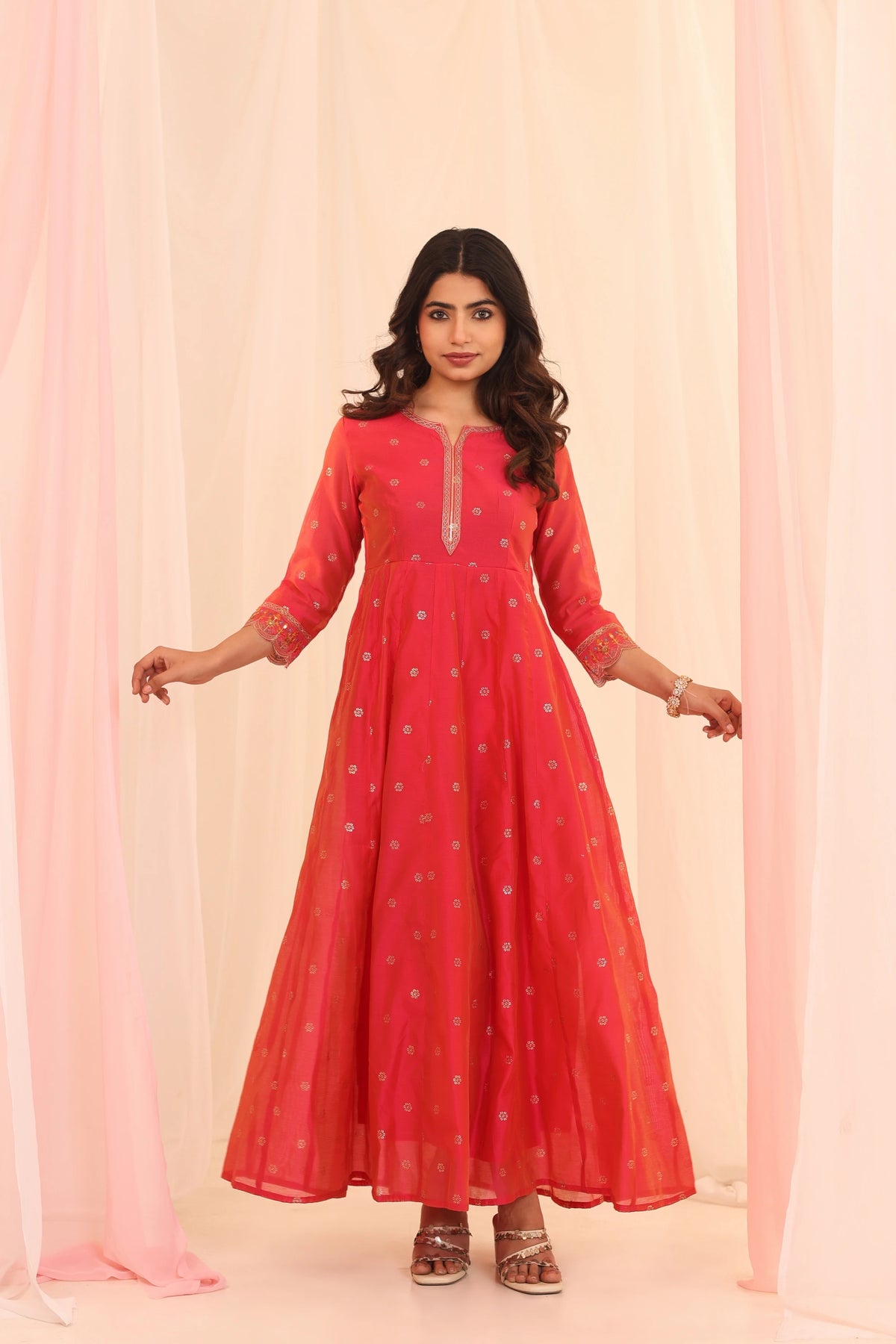 CHANDERI SILK EMBOSSED PRINTED KALIDAR DRESS WITH EMBROIDERY DETAIL