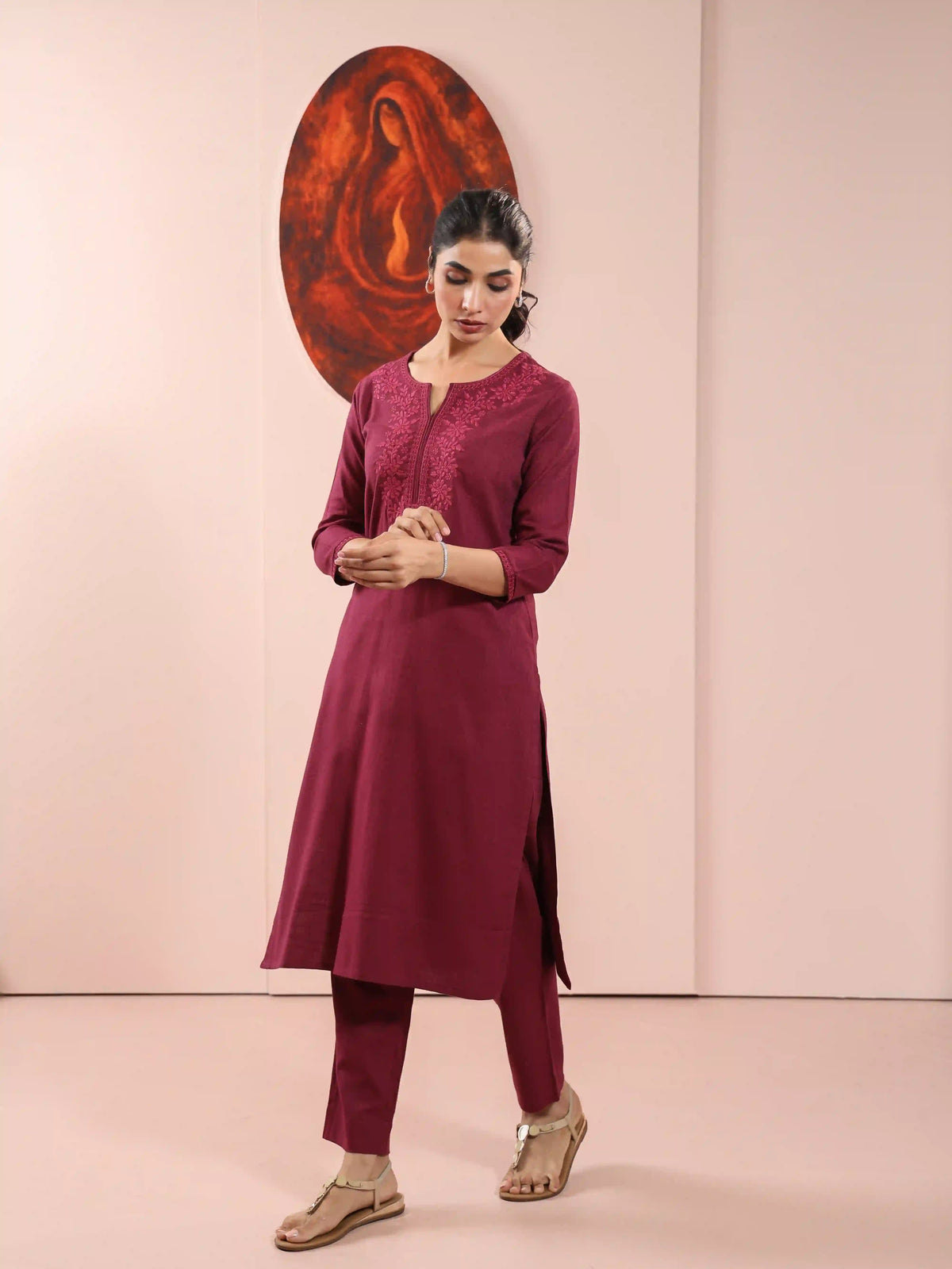LINEN BLEND CHIKANKARI EMBROIDERY 2PC KURTA SET