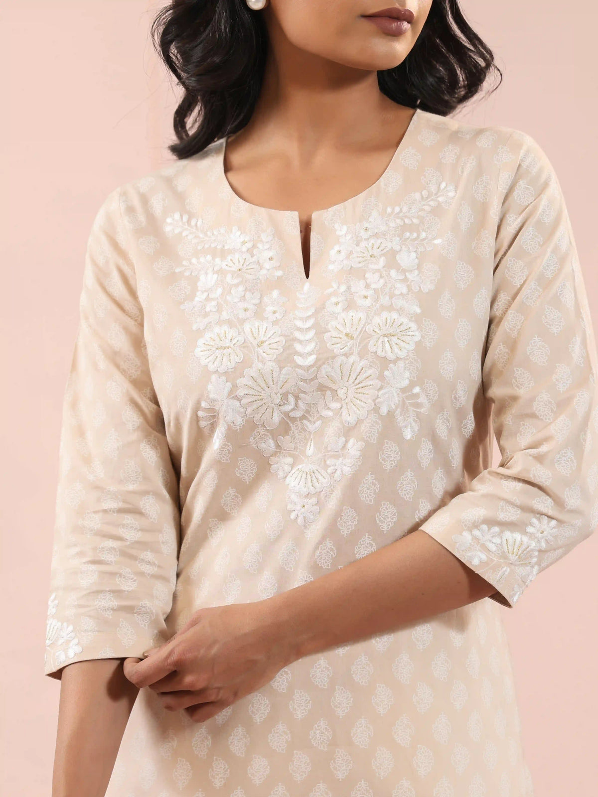 MUL COTTON KHADI PRINTED CHIKANKARI EMBROIDERY KURTI