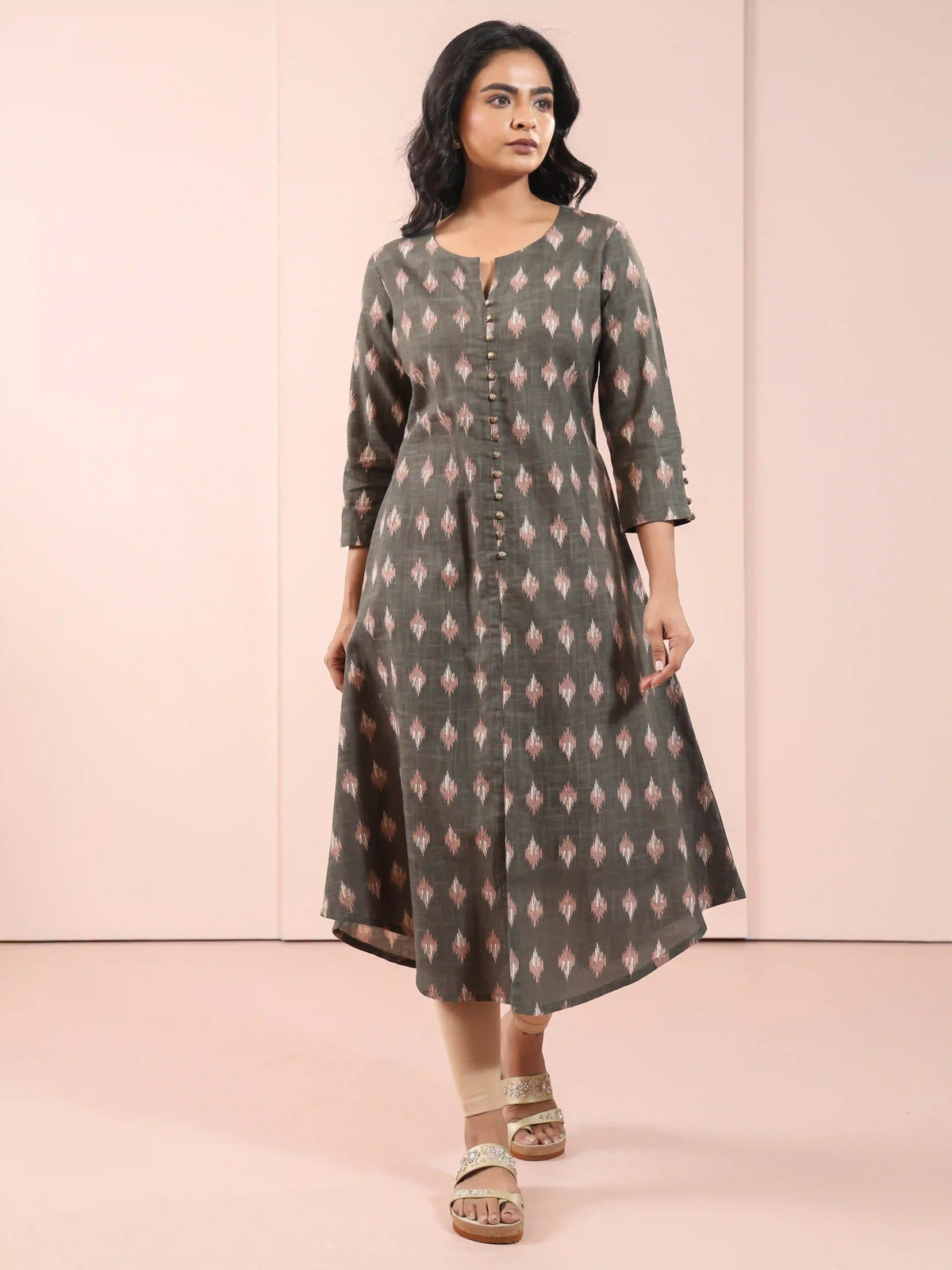 IKKAT PRINTED ALINE KURTI EMBELLISHED WITH BUTTON DETAILS