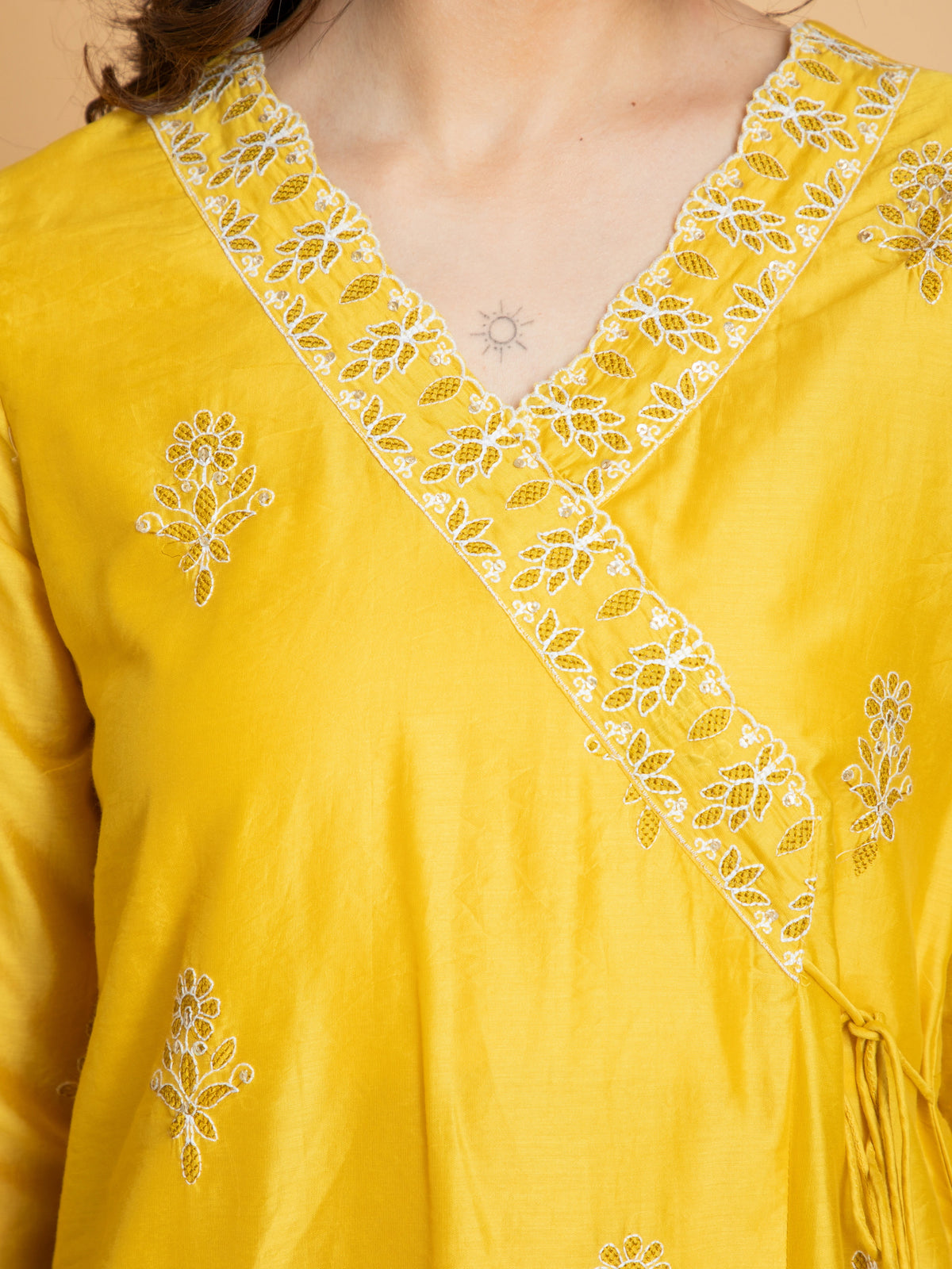 CHIKANKARI EMBROIDERED CHANDERI 3PC ANGRAKHA SET EMBELLISHED WITH DORI LATKAN