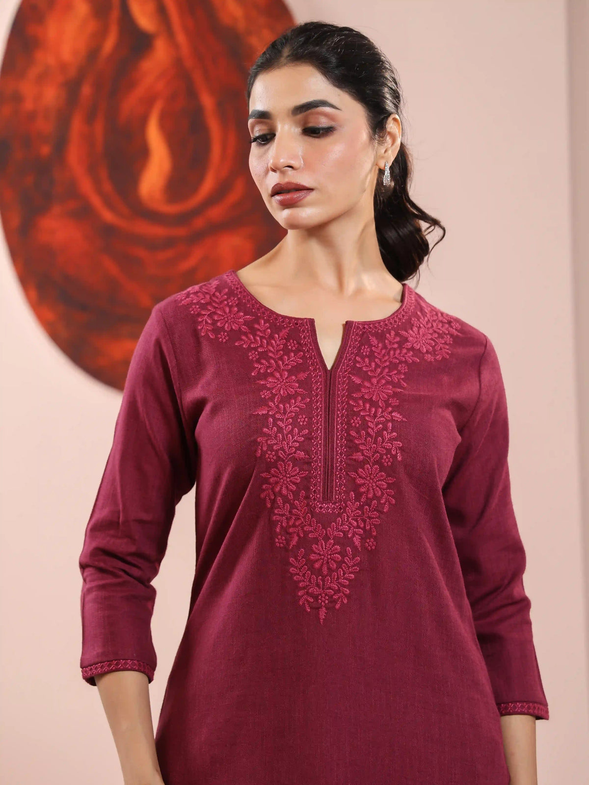 LINEN BLEND CHIKANKARI EMBROIDERY 2PC KURTA SET