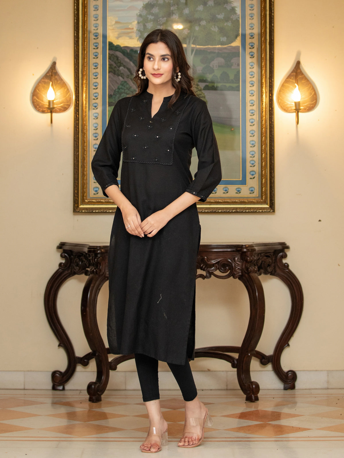 Lace & Mirror Embroidered Straight Kurti