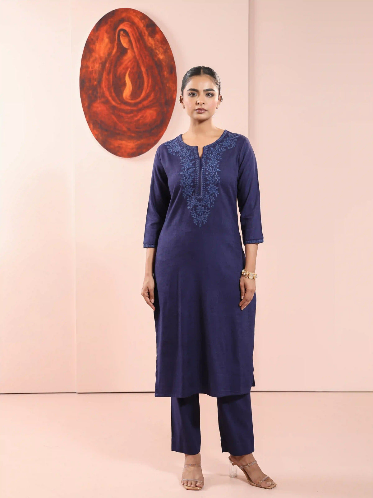 LINEN BLEND CHIKANKARI EMBROIDERY 2PC KURTA SET