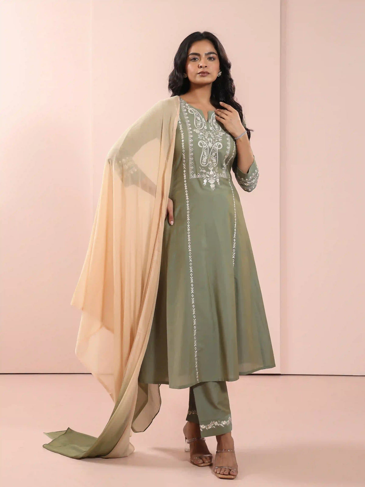 MIRROR EMBROIDERED 3PC FLAIRED KURTA SET PAIRED WITH CHIFON OMBREY DUPATTA