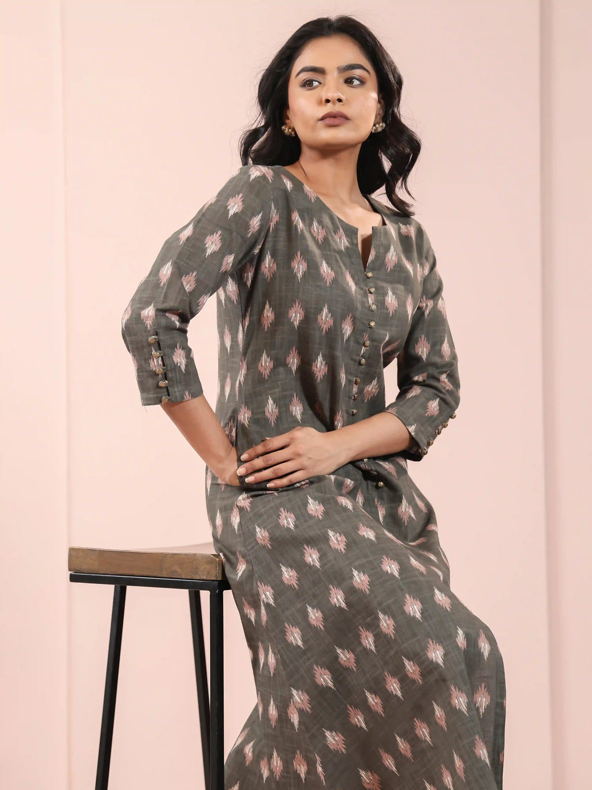 IKKAT PRINTED ALINE KURTI EMBELLISHED WITH BUTTON DETAILS