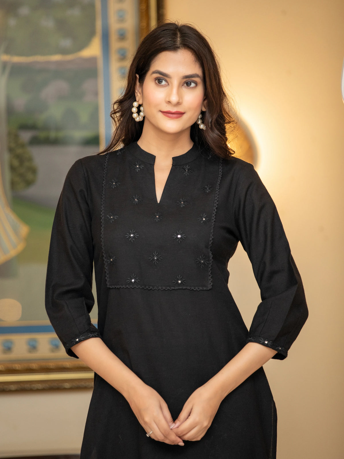 Lace & Mirror Embroidered Straight Kurti