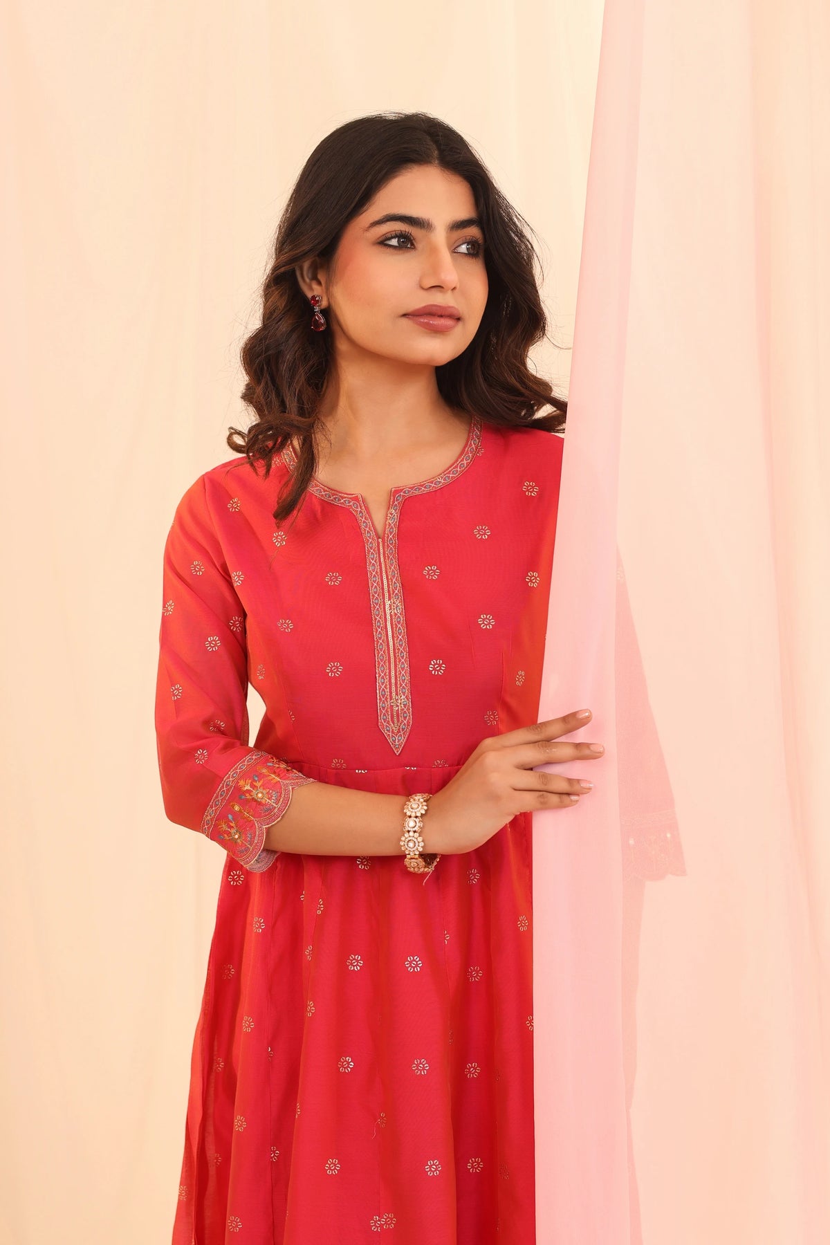 CHANDERI SILK EMBOSSED PRINTED KALIDAR DRESS WITH EMBROIDERY DETAIL