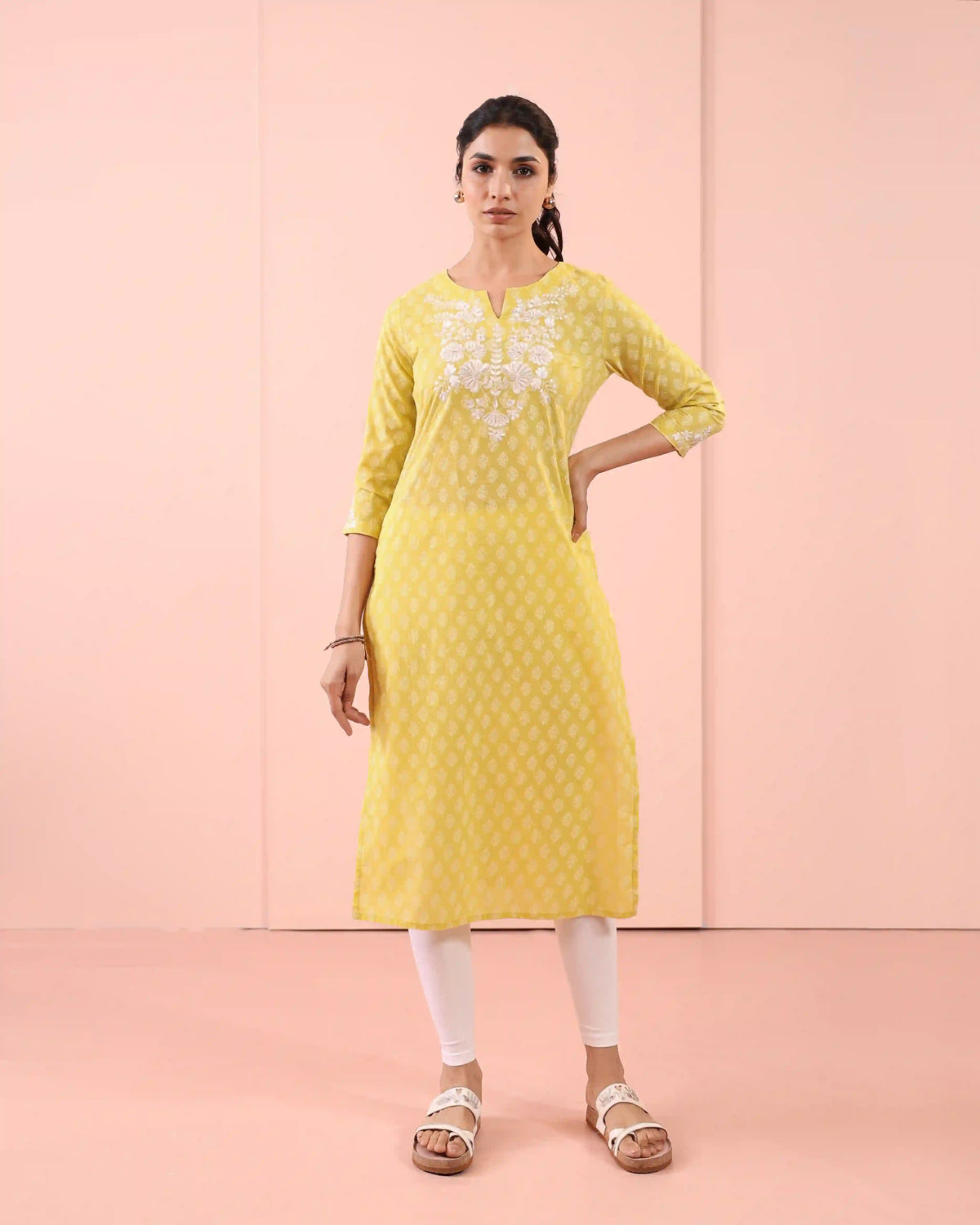 MUL COTTON KHADI PRINTED CHIKANKARI EMBROIDERY KURTI