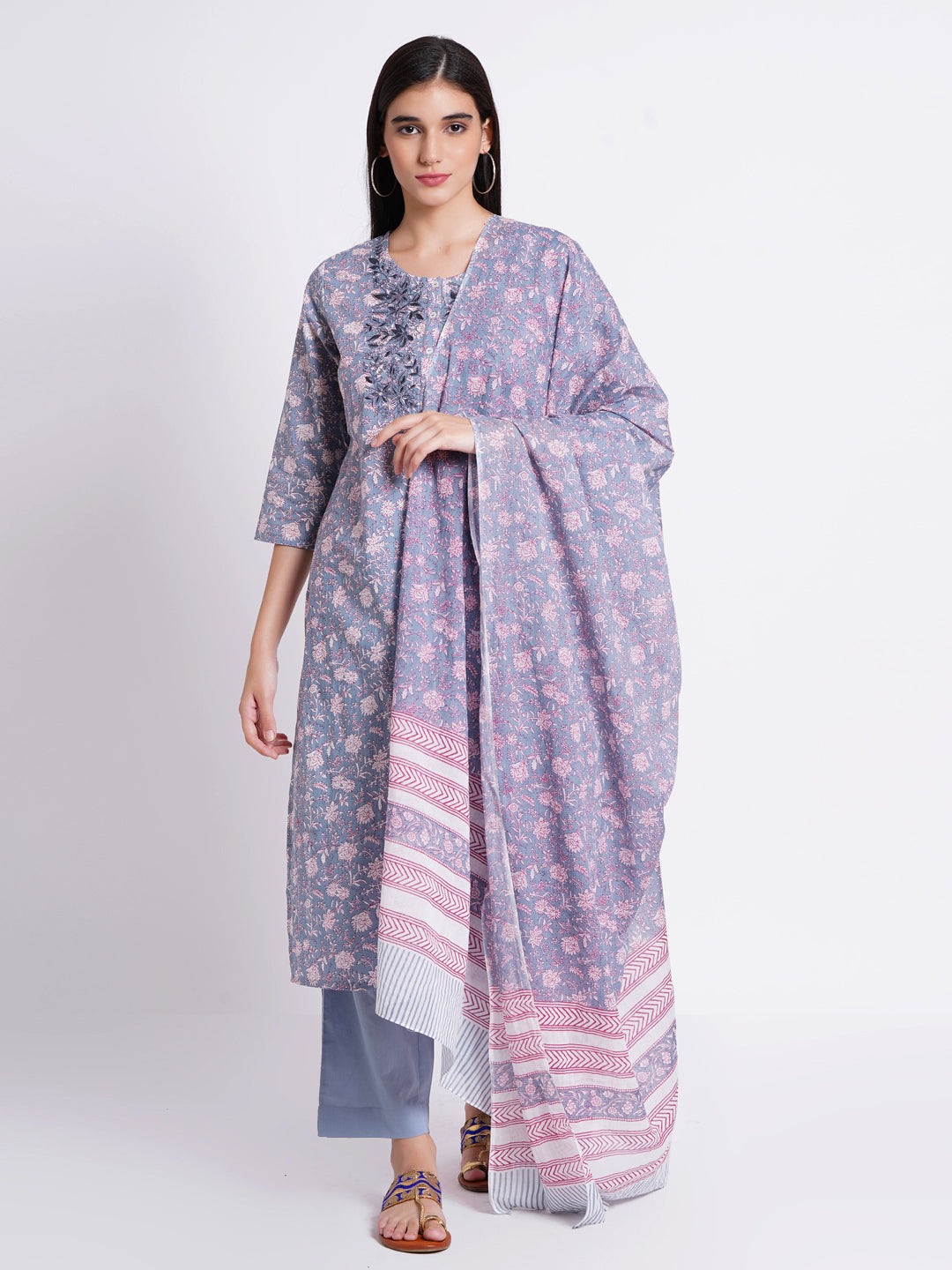 Mul Cotton 3-Piece Kurta Set with Beautiful Embroidery