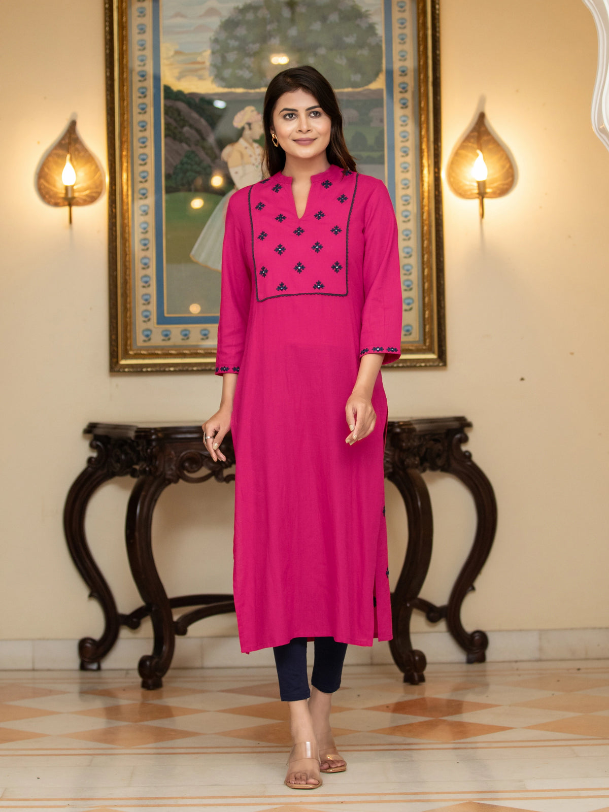 Lace & Mirror Embroidered Straight Kurti
