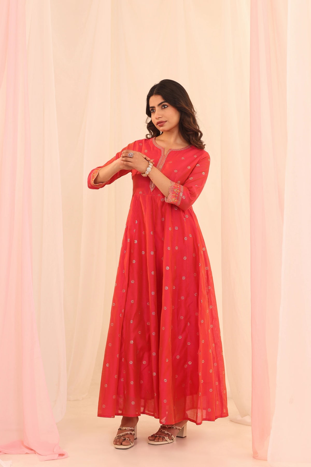 CHANDERI SILK EMBOSSED PRINTED KALIDAR DRESS WITH EMBROIDERY DETAIL