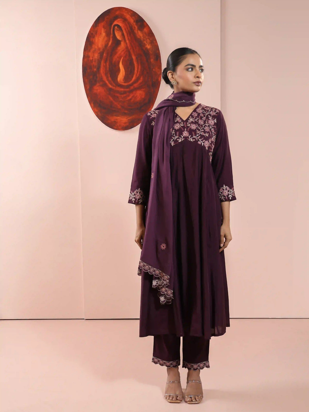 CHIKANKARI EMBROIDERED 3PC ALIA CUT KALIDAR KURTA SET