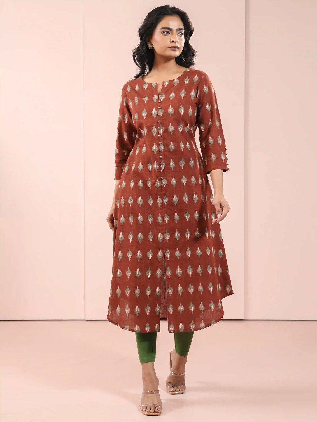 IKKAT PRINTED ALINE KURTI EMBELLISHED WITH BUTTON DETAILS