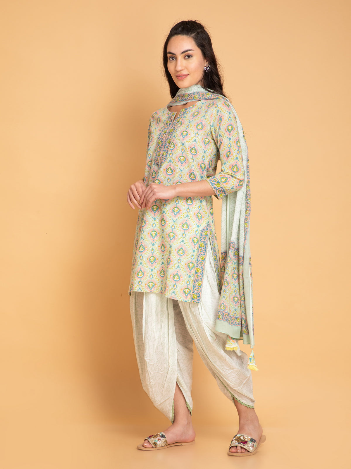 Cotton Printed 3Pc Short Kurti with Tulip Salwar Set