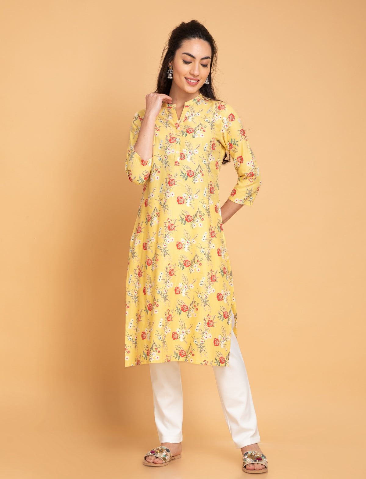Floral Printed Placket Long Kurta