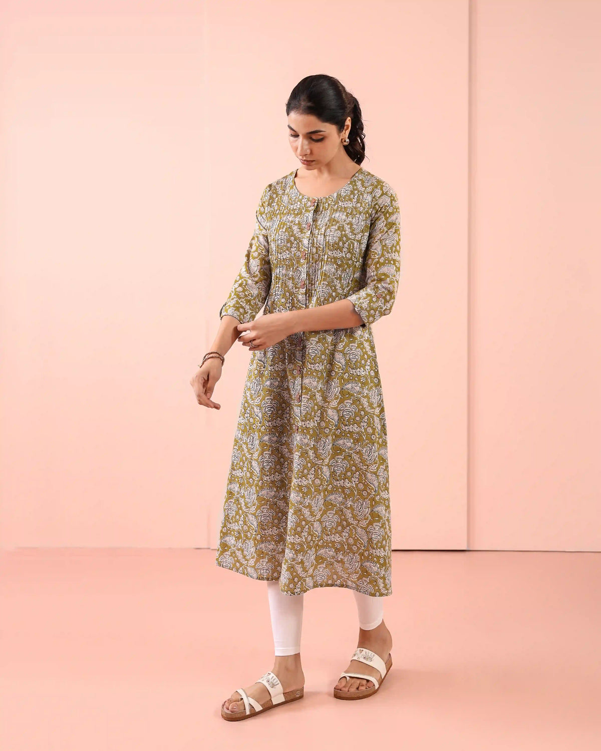MUL COTTON PINTUCK DETAILED LONG ALINE KURTI