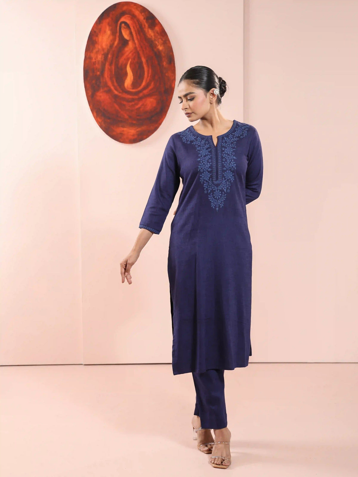 LINEN BLEND CHIKANKARI EMBROIDERY 2PC KURTA SET