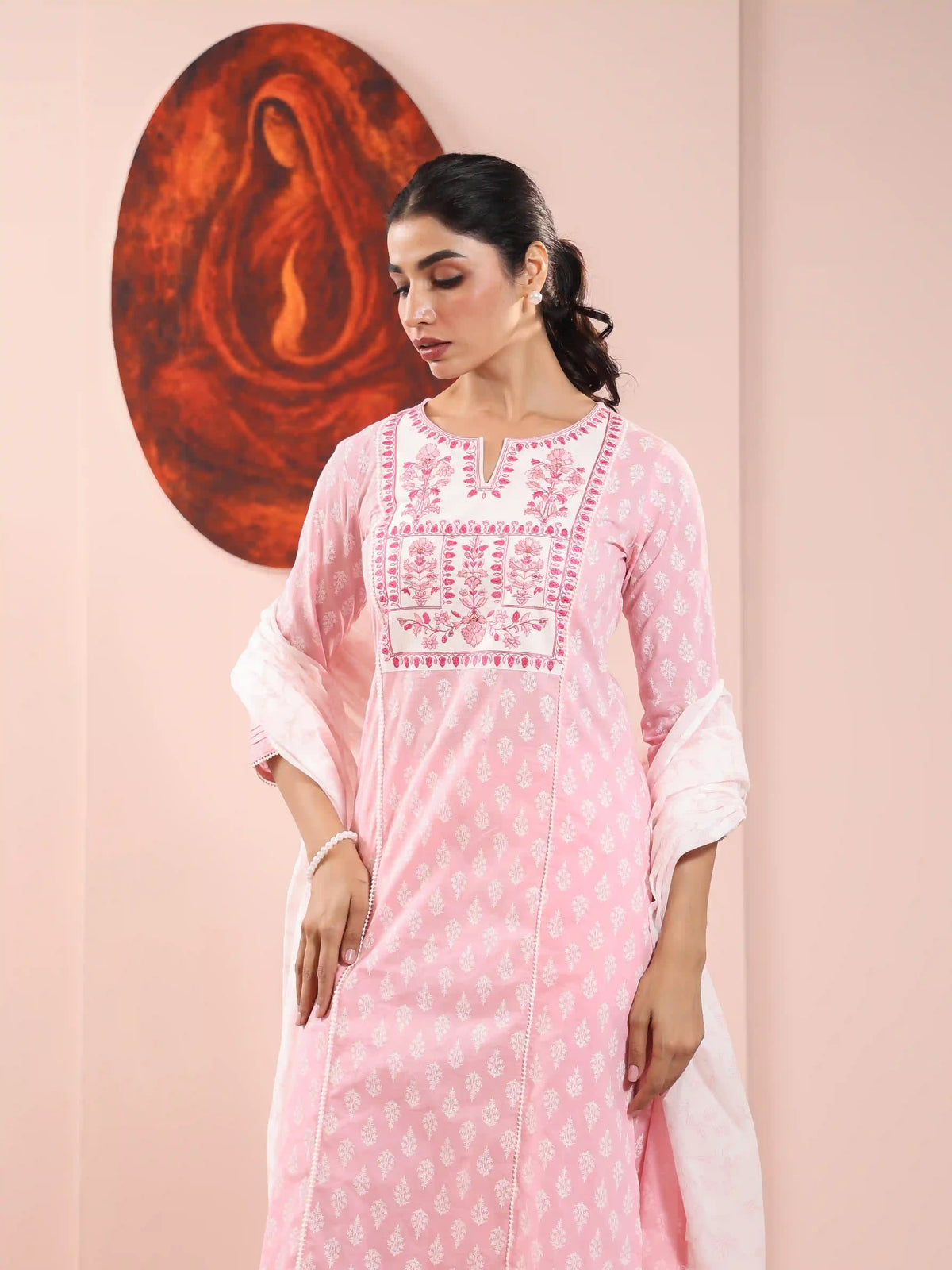 Embroidered Mul Cotton Kurta Set with Dupatta