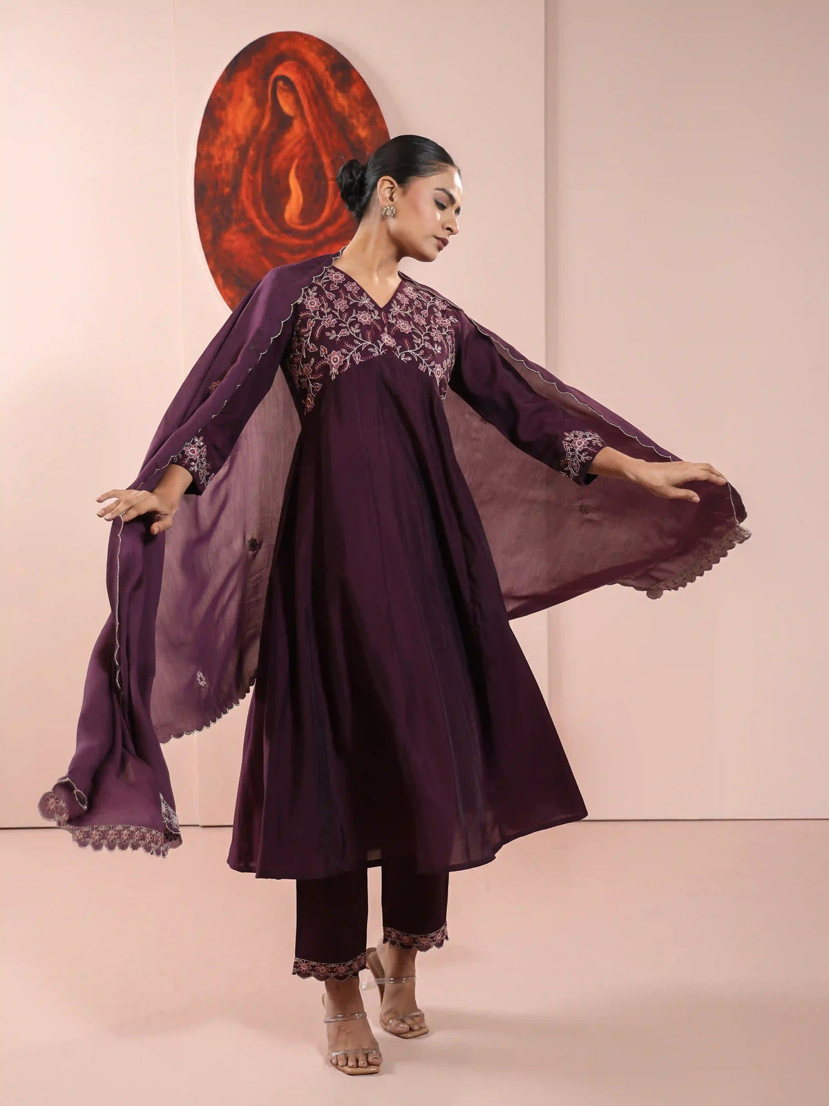 CHIKANKARI EMBROIDERED 3PC ALIA CUT KALIDAR KURTA SET