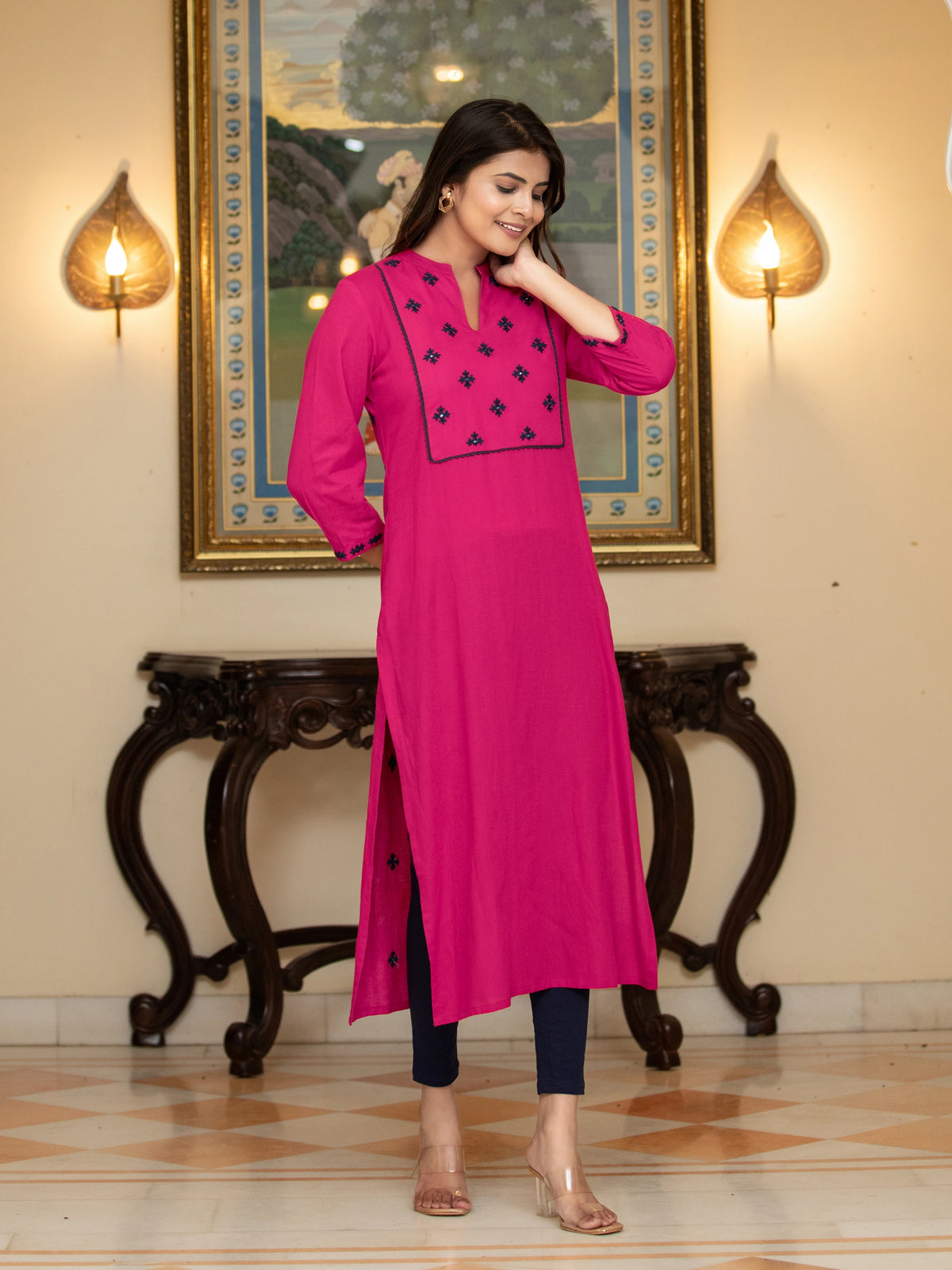 Lace & Mirror Embroidered Straight Kurti
