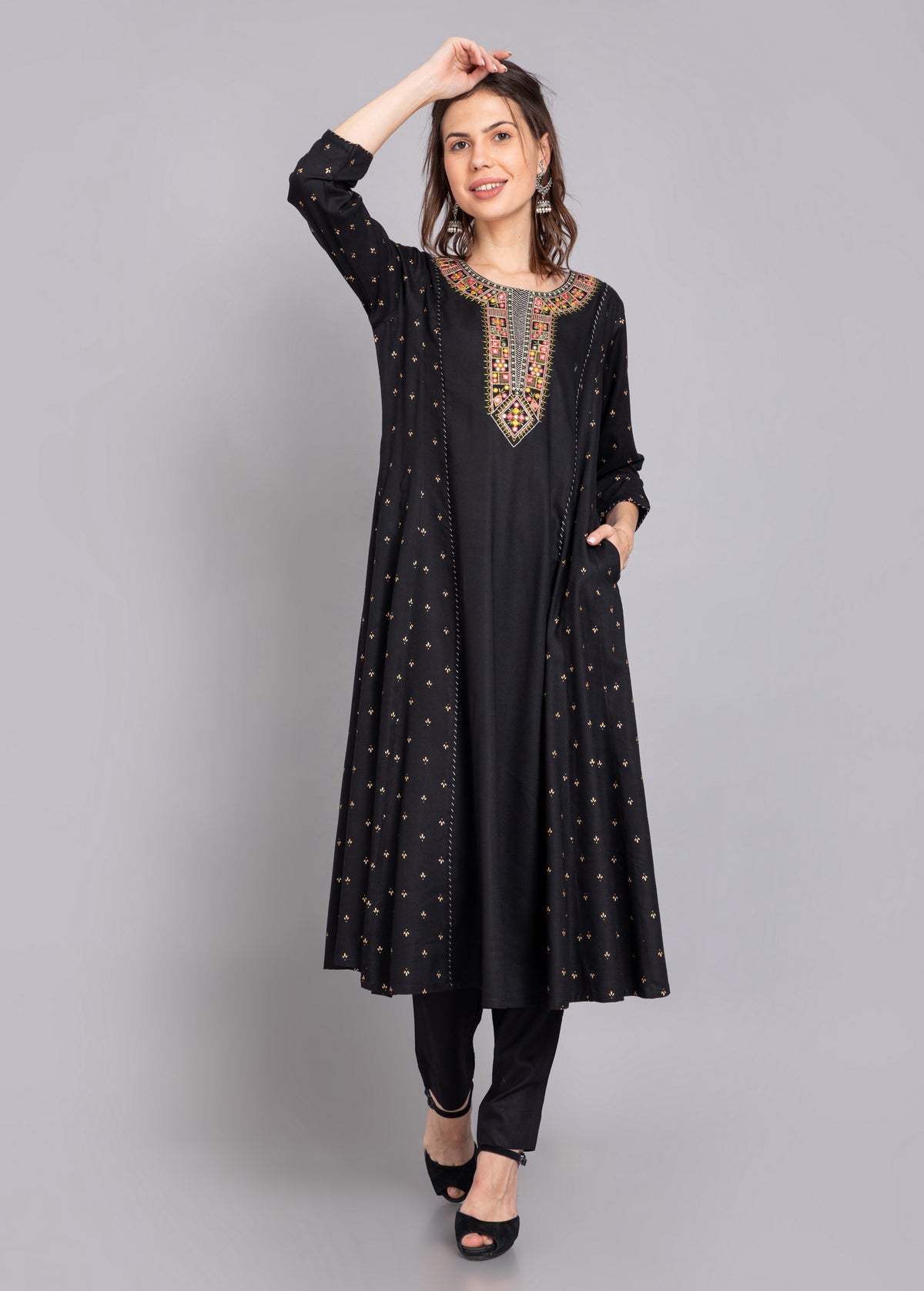 Gold Printed Anarkali 2pcs Kurti Set with Mirror Embellishments