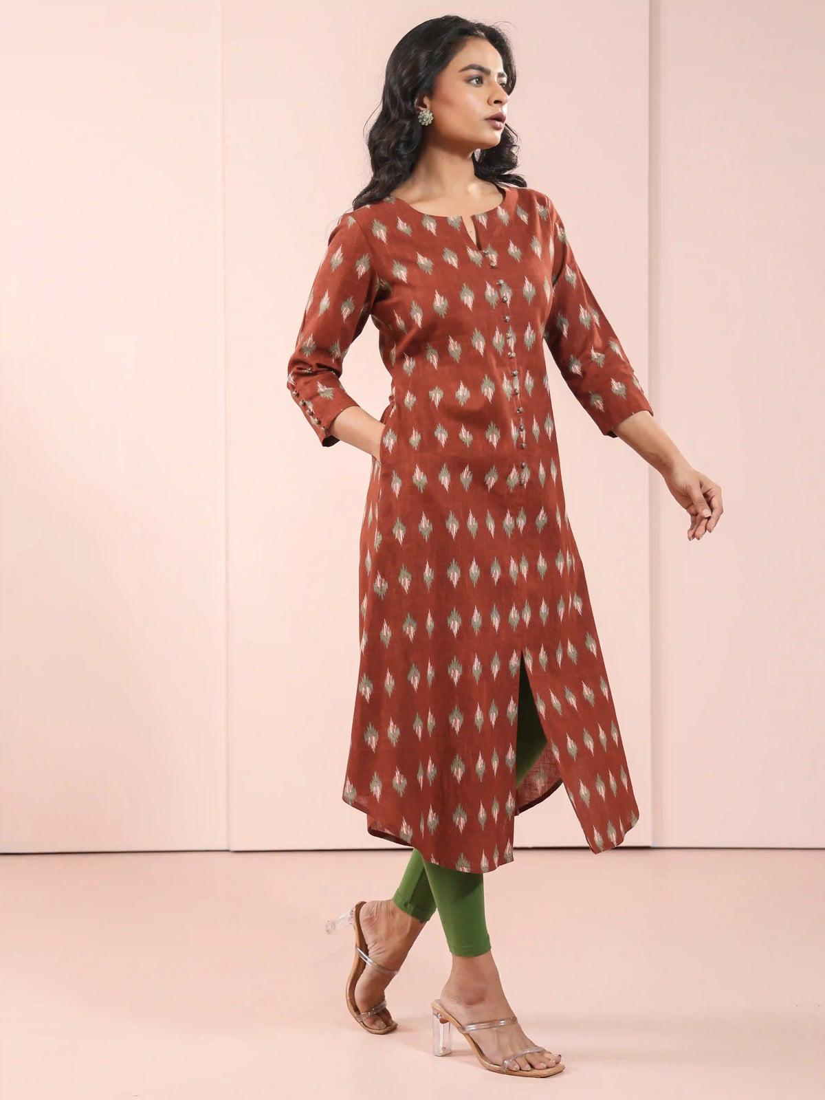 IKKAT PRINTED ALINE KURTI EMBELLISHED WITH BUTTON DETAILS